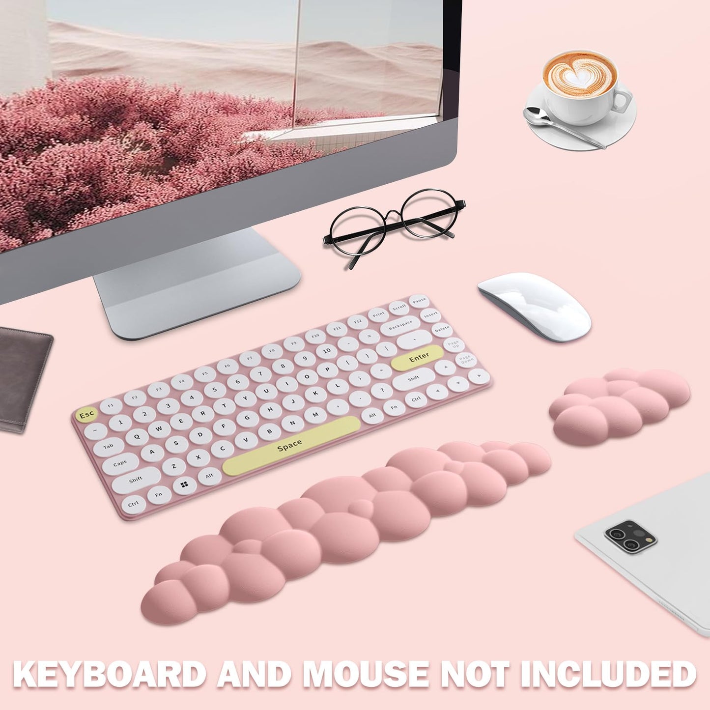 Lauspuck Cloud Keyboard Wrist Rest Mouse Pad Set, PU Leather Memory Foam Wrist Cushion Support, Mouse Wrist Pad, Non-Slip Wrist Support for Home, Office, Light Pink Cloud