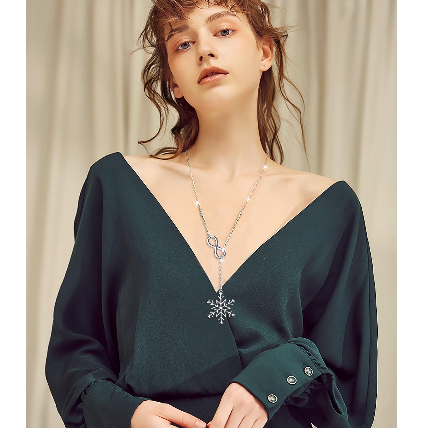 DAOCHONG Long Necklace Snowflake Y Shaped Lariat Necklace Sterling Silver Infinity Snowflake Long Sweater Chain Necklace for Women