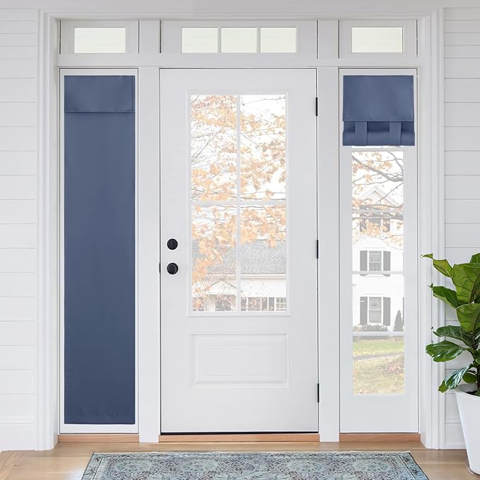 RYB HOME Blackout French Door Curtain - Privacy Thermal Insulated Window Shades for Patio Kitchen Front Entry Back Door Glass Window, Self Adhesive No Drill, 1 Panel, 12" W x 69" L, Stone Blue
