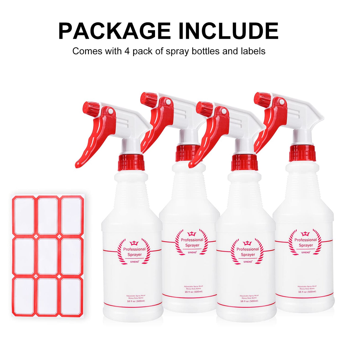 Uineko Plastic Spray Bottle (4 Pack, 16 Oz, All-Purpose) Heavy Duty Spraying Bottles Leak Proof Mist Empty Water Bottle for Cleaning Solution Planting Pet with Adjustable Nozzle and Measurements