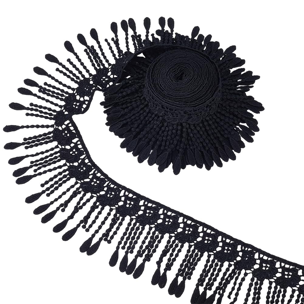 CABODYALS 5 Yards 3 5/8 Inch Wide Black Lace Fringe Trim Embroidery Trimmings Braid Fabric Polyester Crochet Floral Tassel Durable Ribbons for Sewing Making Dress Curtain Wedding DIY Craft Supply