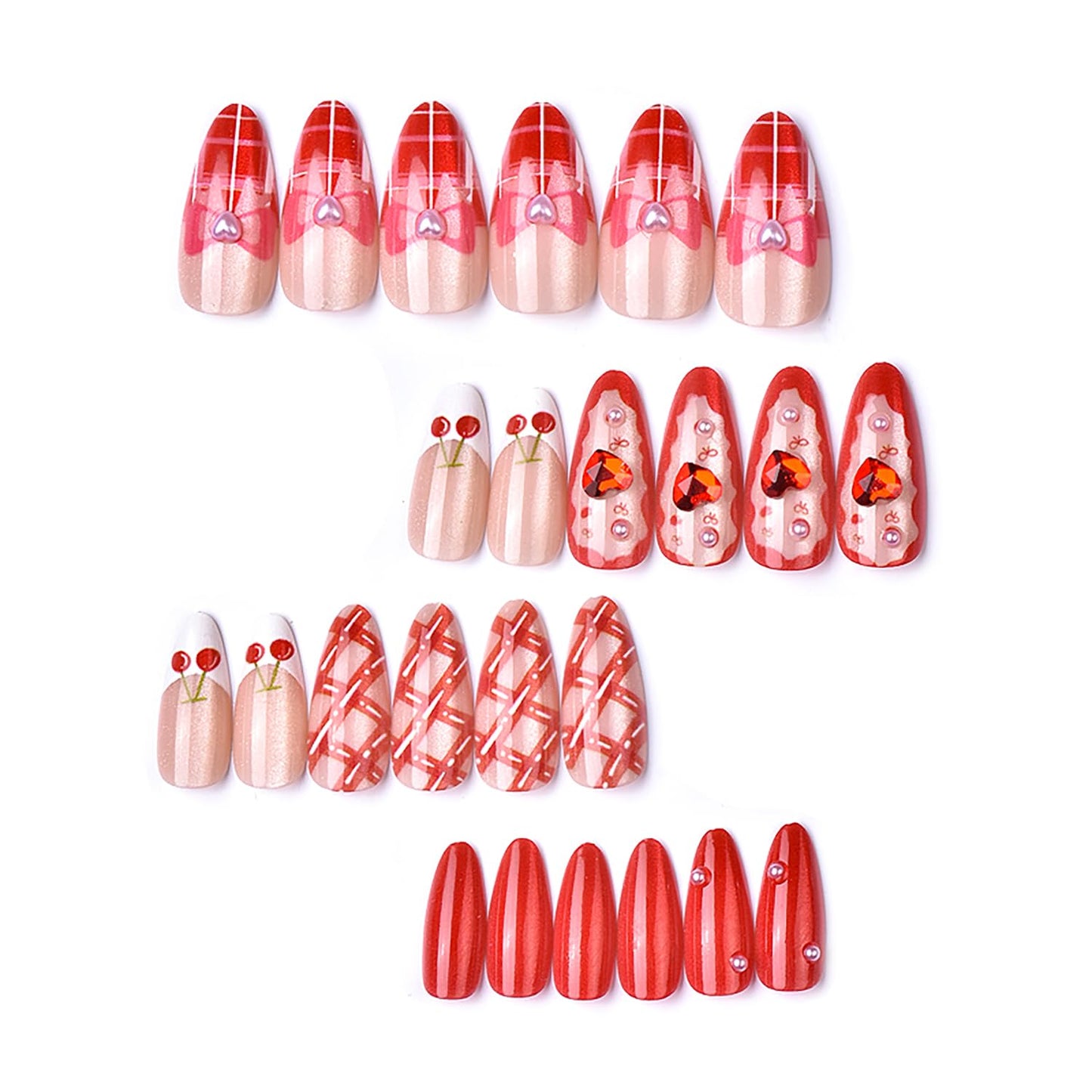 30pcs Valentines Press on Nails Medium Almond French Tip Fake Nails Red Stripe Full Cover False Nails with 3d Heart Rhinestones Designs Glue on Nails Pink Bow Artificial Stick on Nail Supply for Women