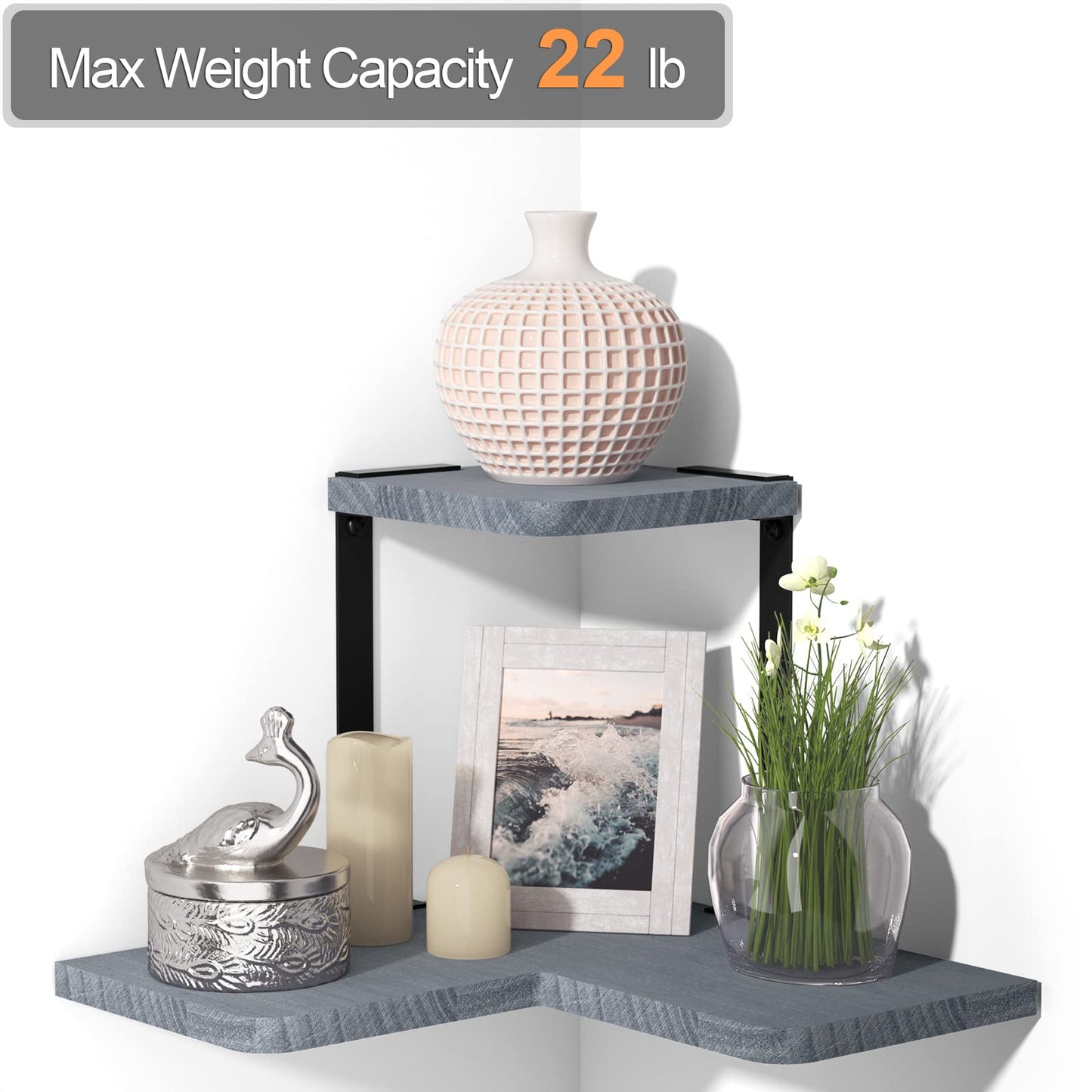 SRIWATANA Rustic Corner Shelf, 2-Tier Wood Wall Shelf, Wall Mounted Storage Shelves for Bedroom, Living Room, Bathroom, Weathered Grey