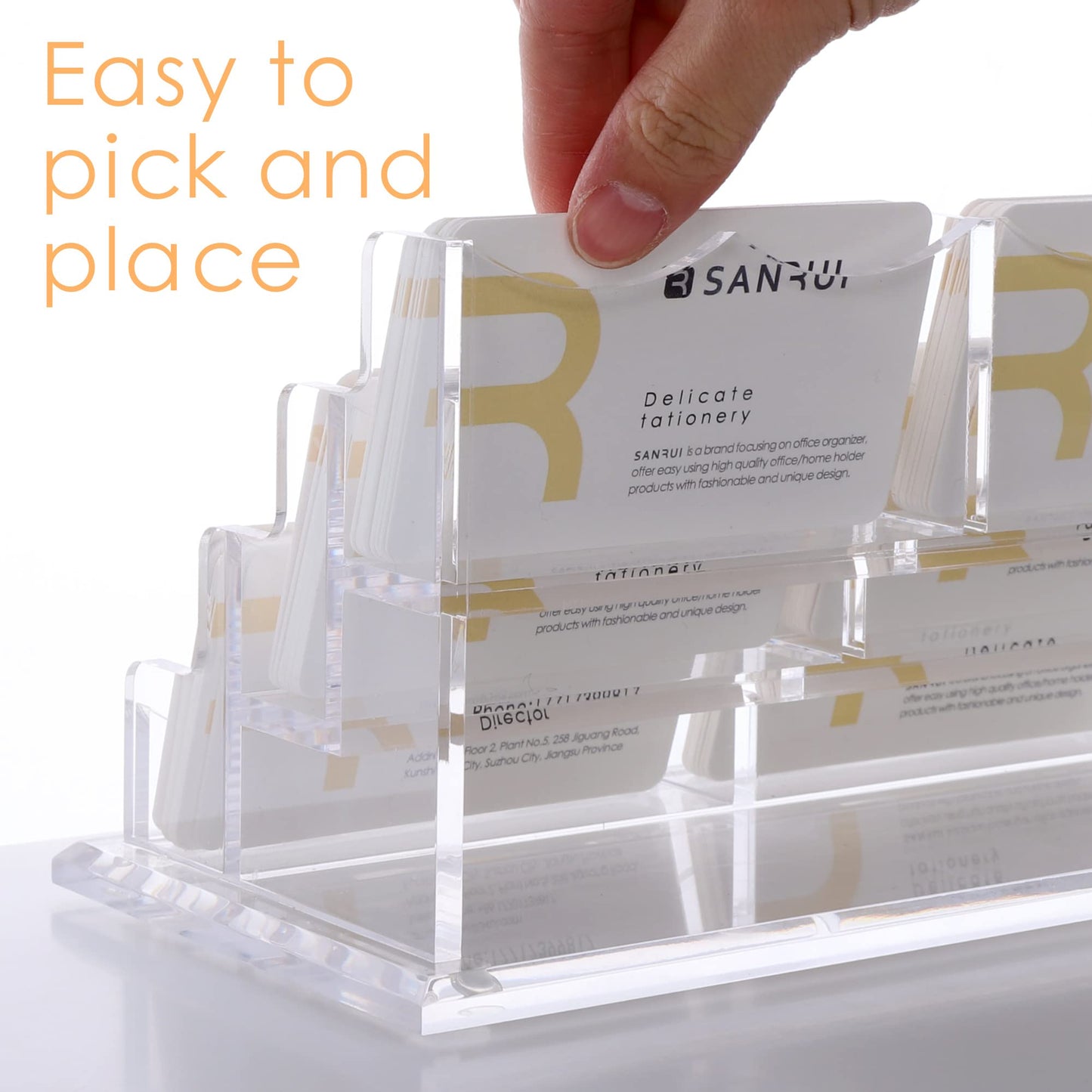 SANRUI Clear Horizontal Business Card Holder Stand for Desk, Acrylic Desktop Display Name Cards Holders Organizer Storage Rack,for Exhibition, Home, Office,3 Tier 9 Pocket, 540 Card Capacity