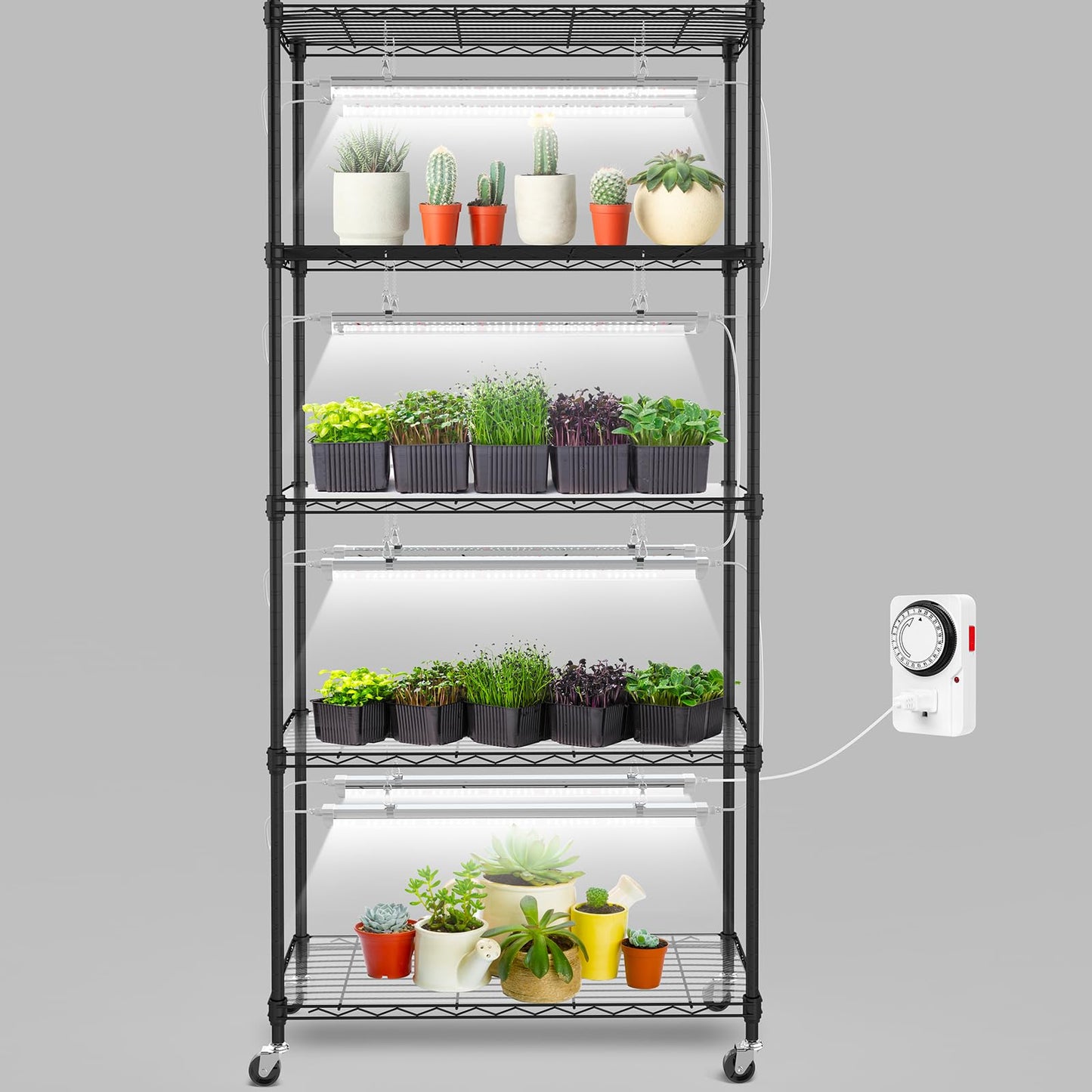 SOLIGT Plant Shelf with Grow Lights, 5 Tier Grow Light Stand Rack with 8 Pack 2FT 6000K T8 Full Spectrum Led Grow Lights for Indoor Plants, Seed Starting, Seedling Growing, Timer Included