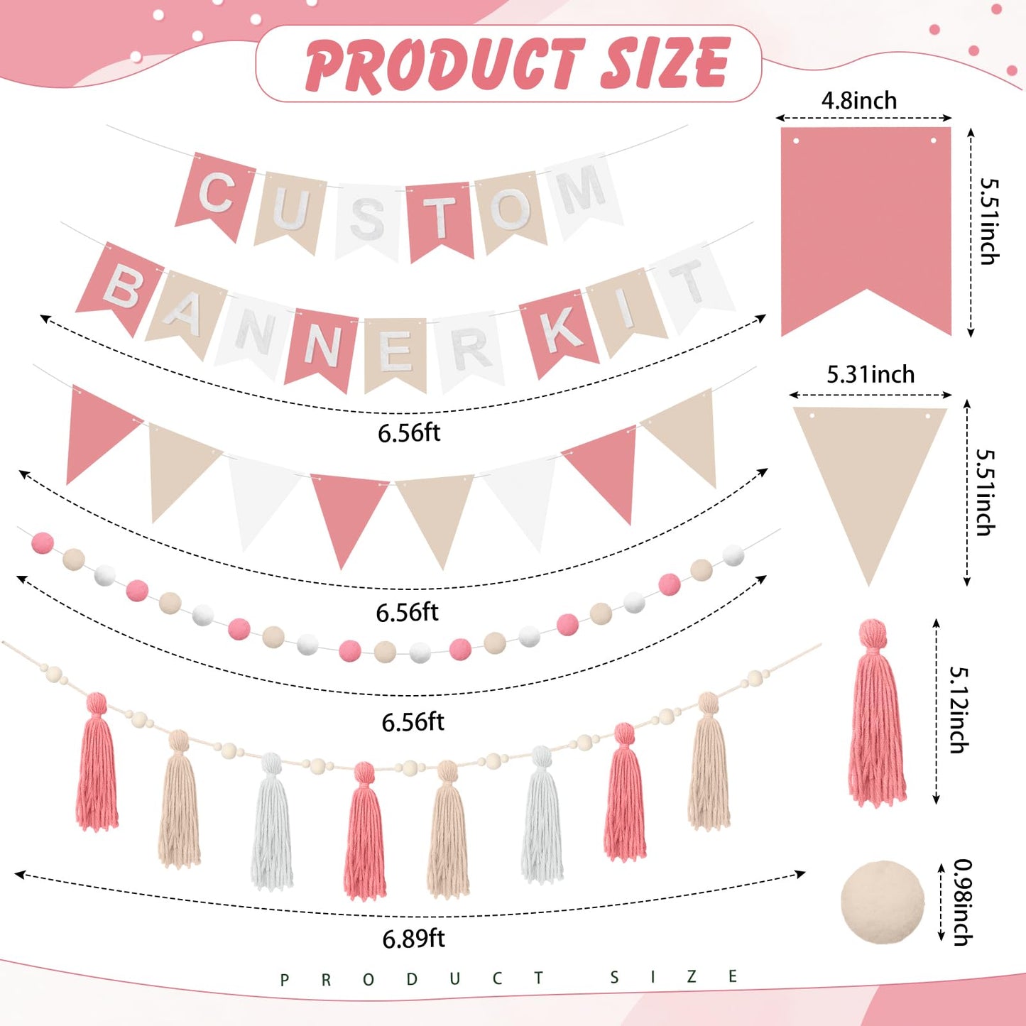 SmoothNovelty 139 Pcs Felt DIY Custom Banner Kit Include 104 Letters 18 Swallowtail Flags 15 Pennants 2 Pcs Pom Pom Garland Tassel Pompom Decoration for Home Baby Shower Birthday(Baby Pink)