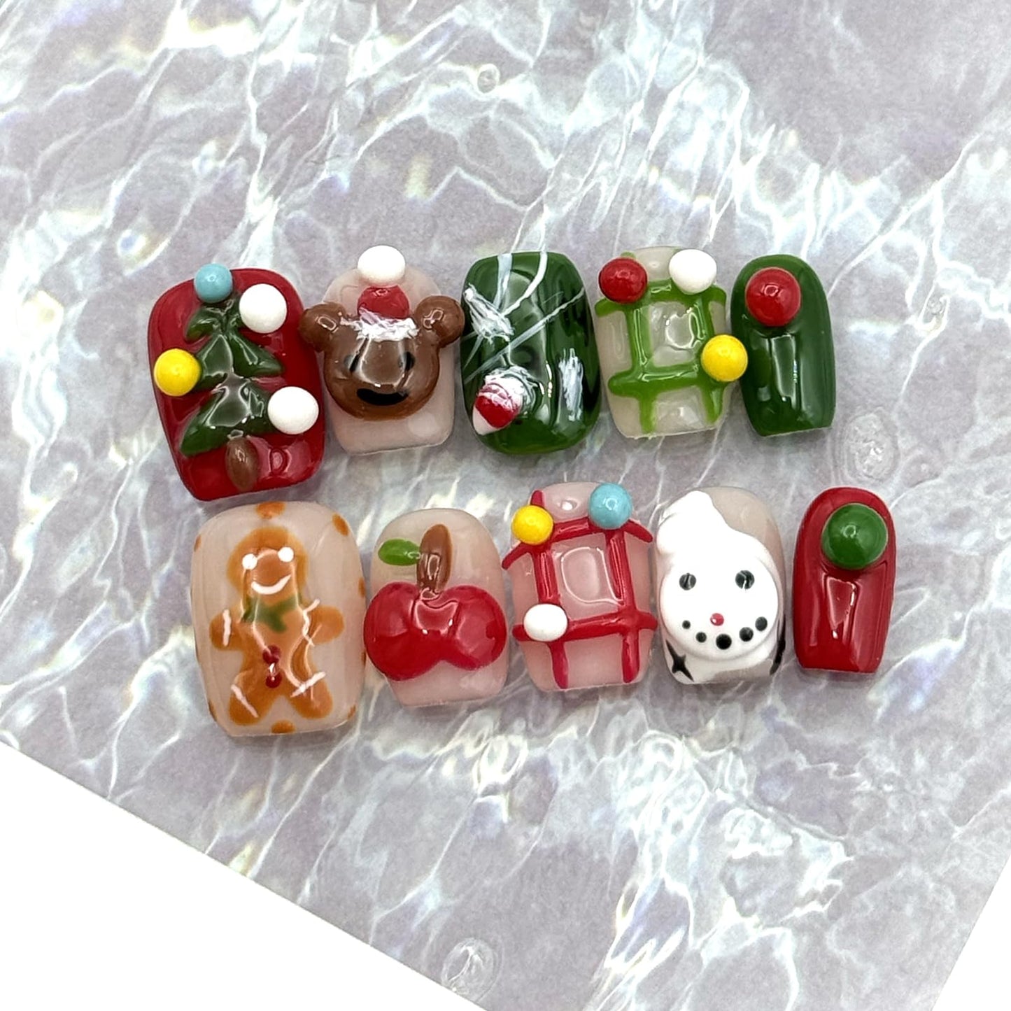Christmas Short Square Press-On Nails, 3D Holiday Designs with Snowman and Bear, Festive Artificial Nails, for Women Girls Holiday