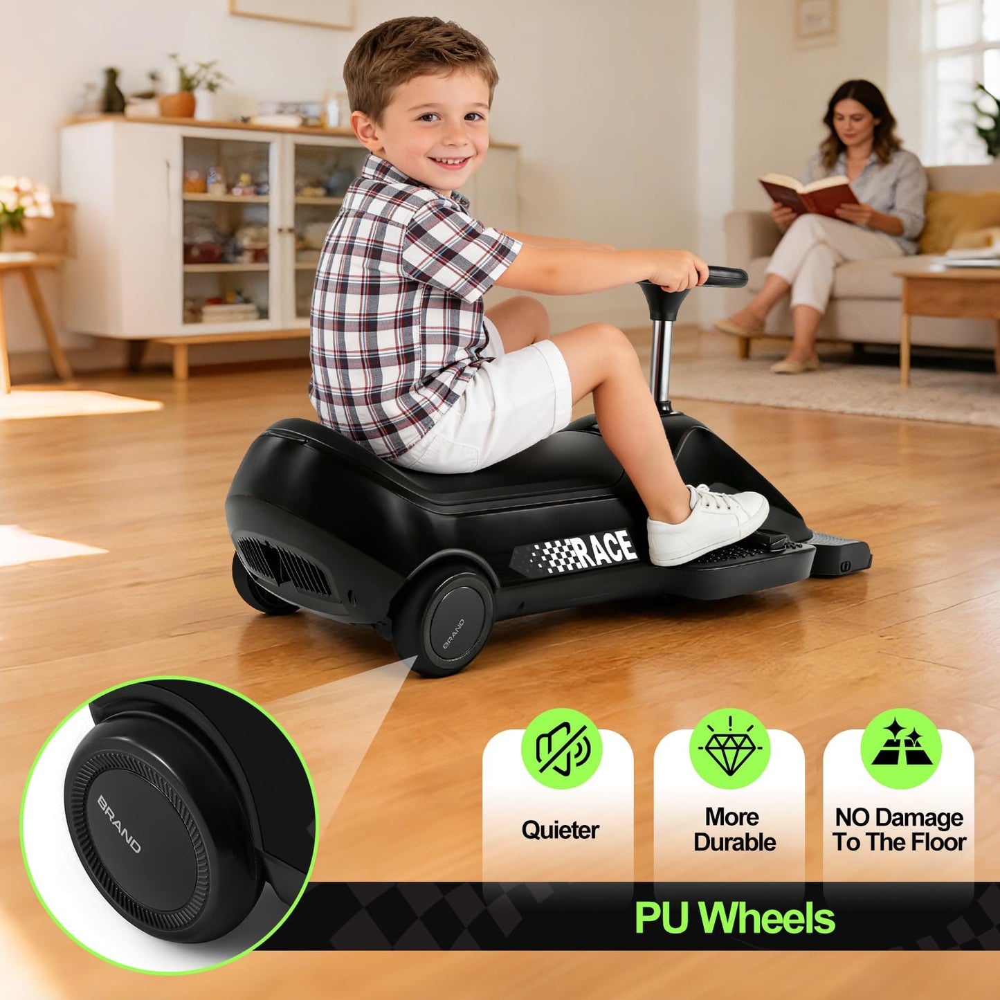 JOYLDIAS Kids Ride On Car with Vacuuming Function, 12V7AH Go Kart W/Detachable Cleaning Head Dust Box, 2 Speed 3-5km/h, Bluetooth Music, Electric Ride On Toy Car for Kids Toddlers Ages 3+,Black