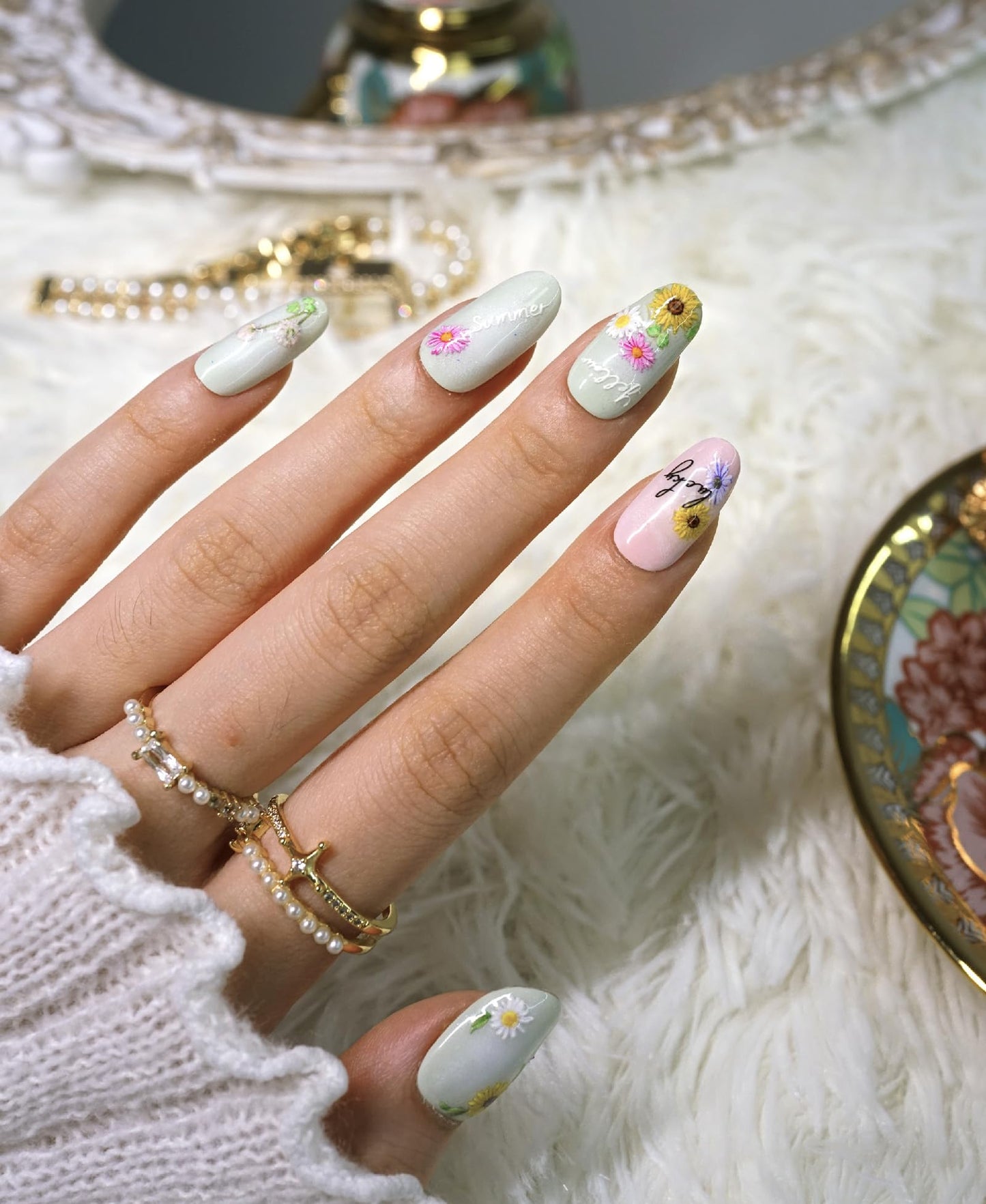Beaolata Flower Nail Stickers for Nail Art - 3 Sheets 5D Embossed Iridescent Floral Trio Leaf Plant Designs Self-Adhesive Nail Decals for Women Manicure Salon Nails Art Decoration
