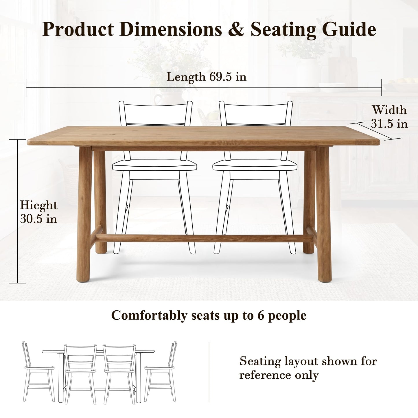 Ya-Home Natural Dining Table, 69" Wood Kitchen Table with Solid Wood Legs, Seats 4-6, Modern Farmhouse Dinner Table for Dining Room Home Office