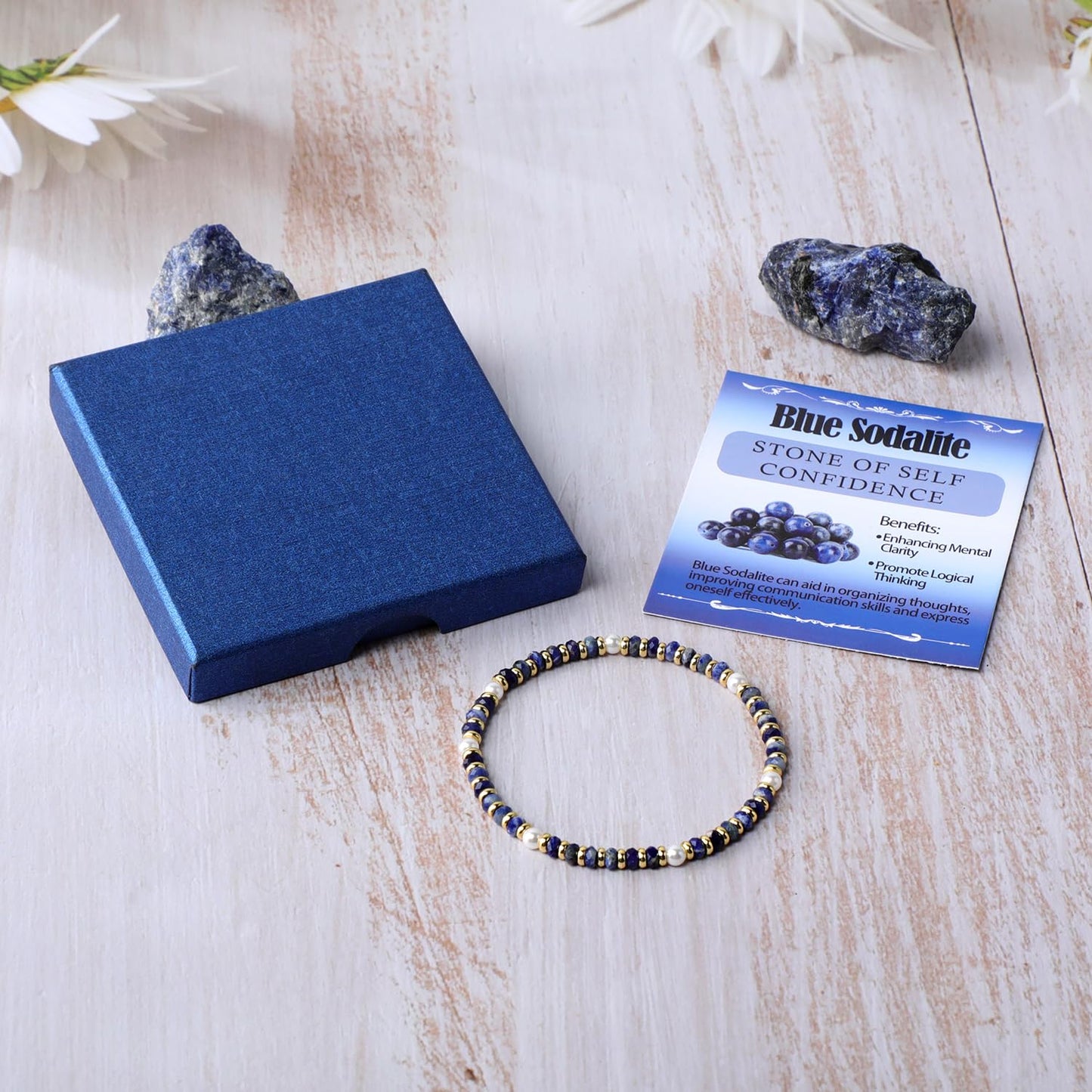 QOGIR Blue Sodalite - Self Confidence - 14K Gold Plated Beads Natural Gemstone Stretch Elastic Dainty Healing Beaded Bracelets Gifts 2x4mm