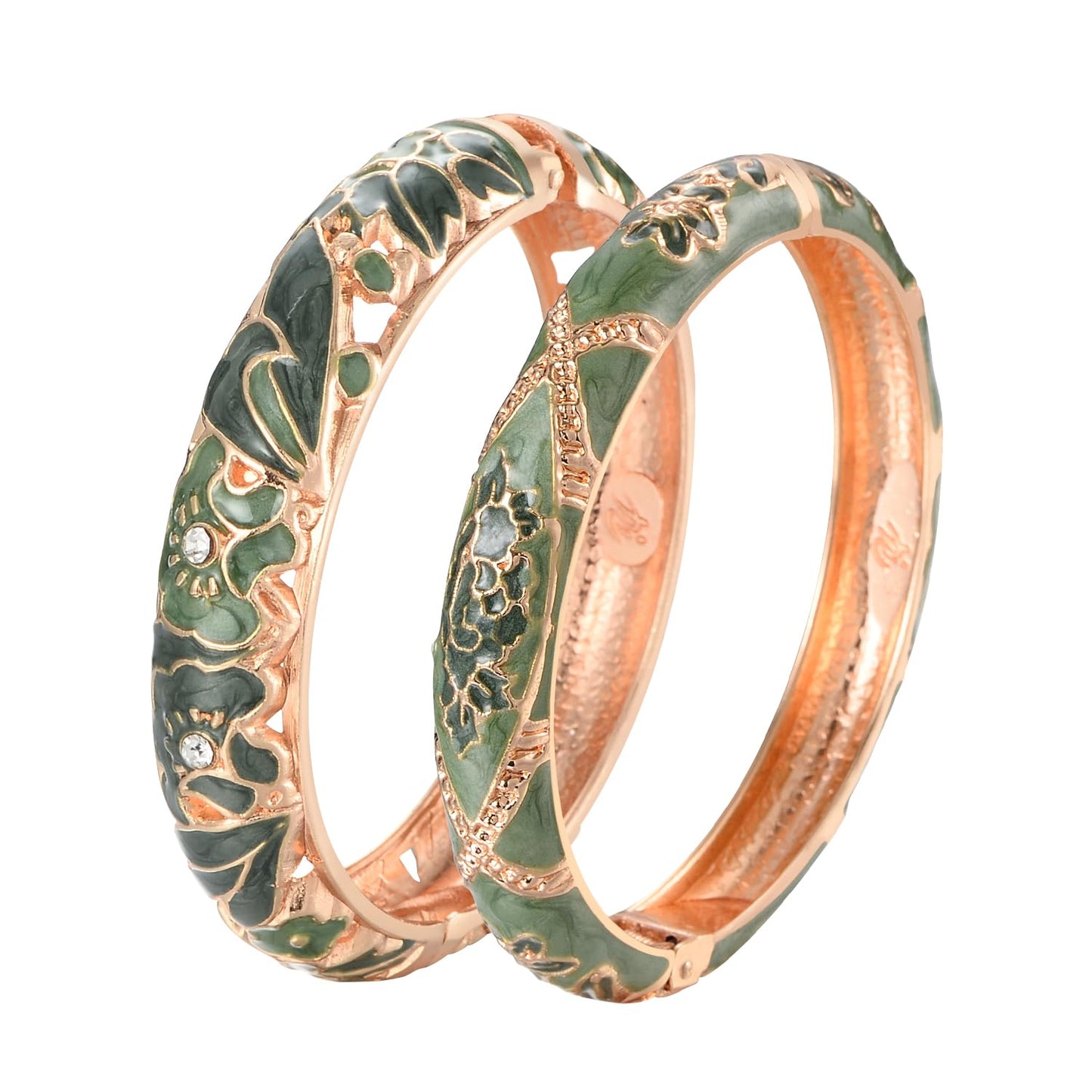 wynameleri Vintage Jewelry Cloisonne Handcrafted Enameled Gorgeous Rhinestone Flower Gold Hinged Cuff Bracelet Bangles Gifts 88A08-55A128 green