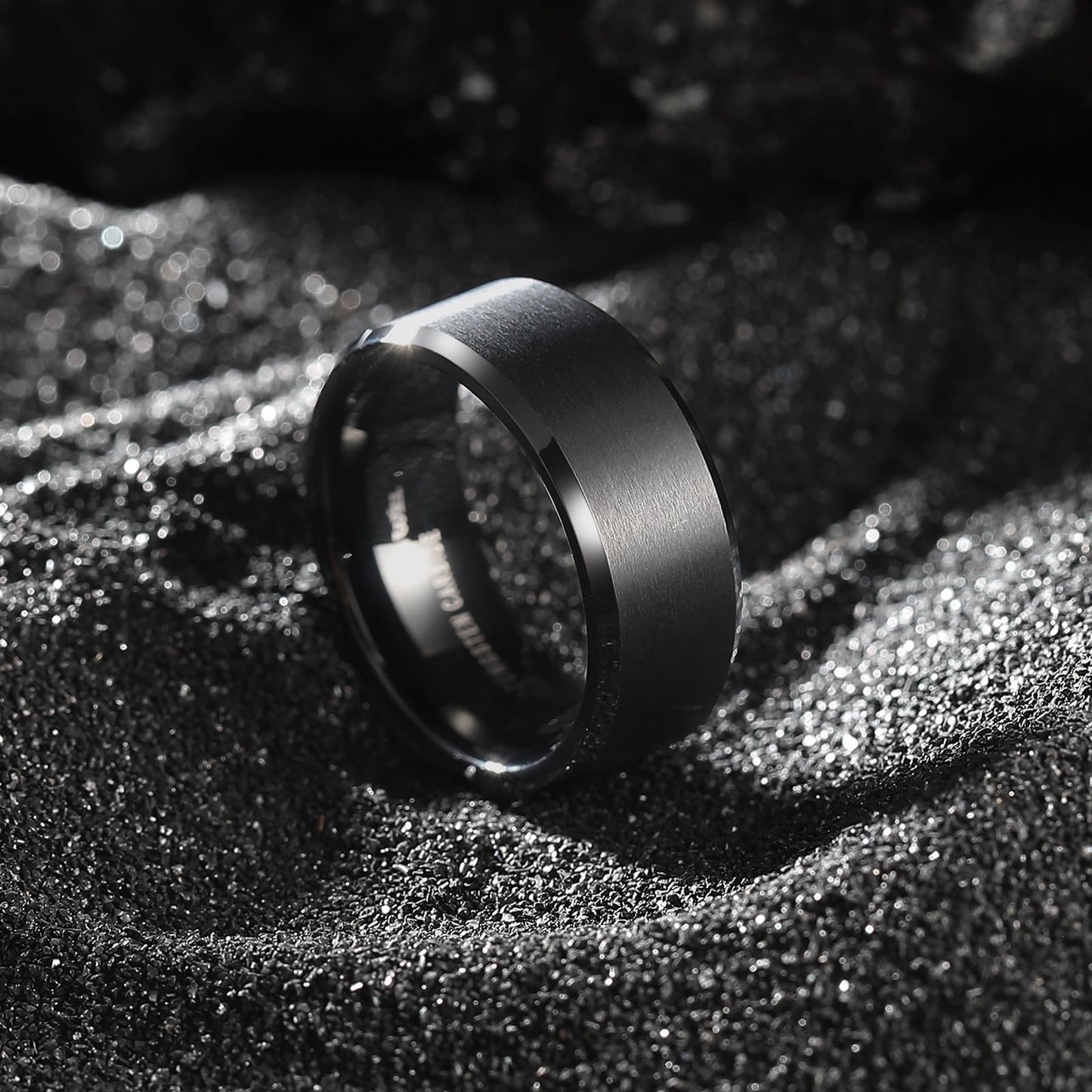 King Will 8mm Men's Black Wedding Ring - Brushed Matte Surface, Beveled Polished Edge, Comfort Fit Size 4