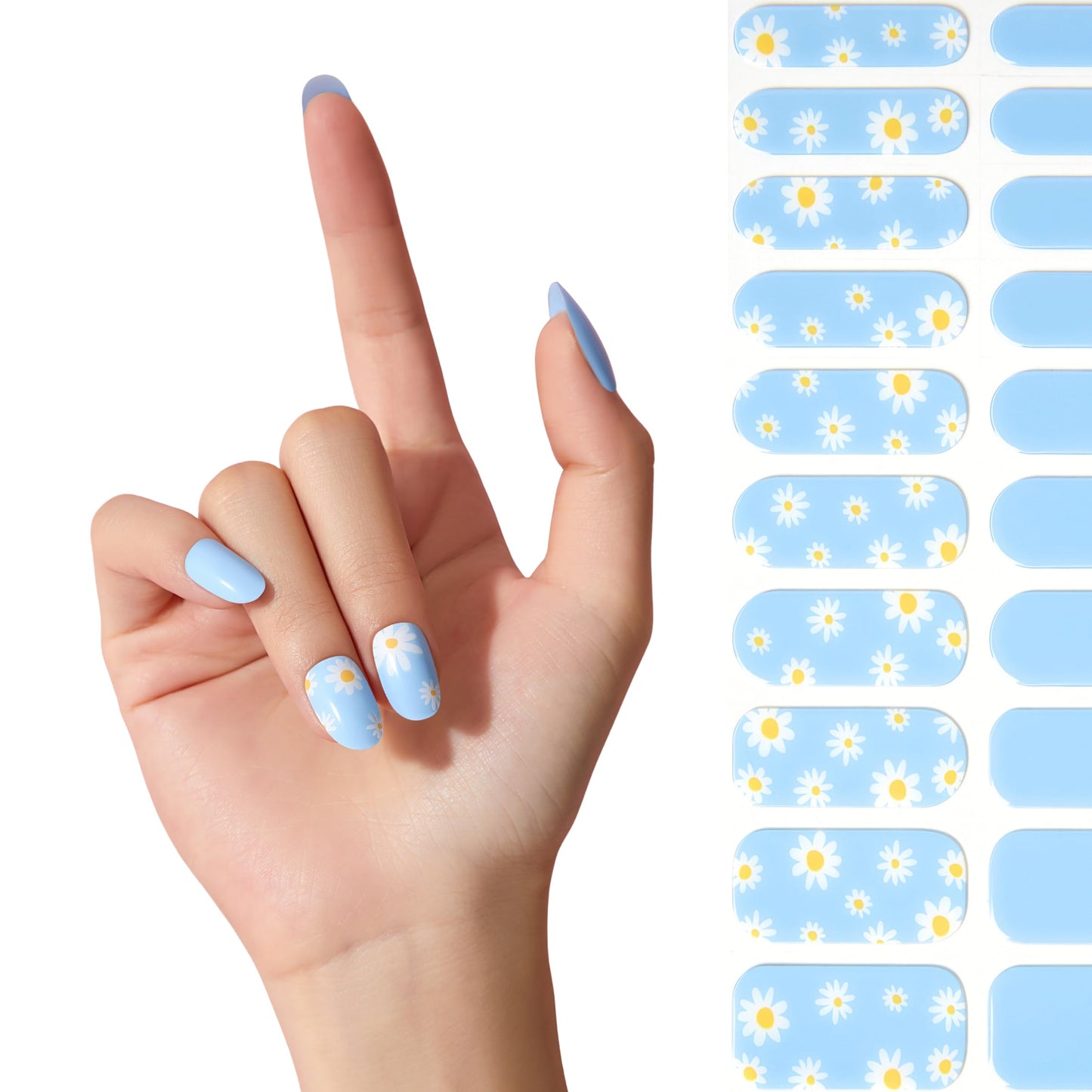 Semi Cured Gel Nail Strips - NAILOG 20 Pcs Blue Flowers Nail Stickers Extra Long Wraps with Glossy Gel Finishing for Spring Summer, Petals in the Wind