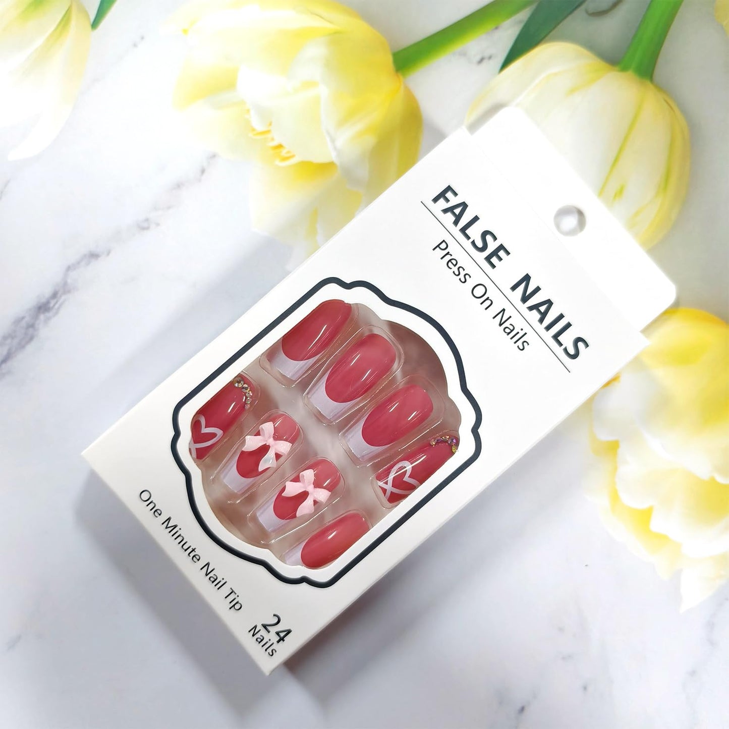Heart Press on Nails Medium Square Artificial Acrylic French White Fake Nails 3D Bow with Translucent Love Full Cover Glossy Rhinestones Valentines Artificial Fingernails Stick on Nail for Festival