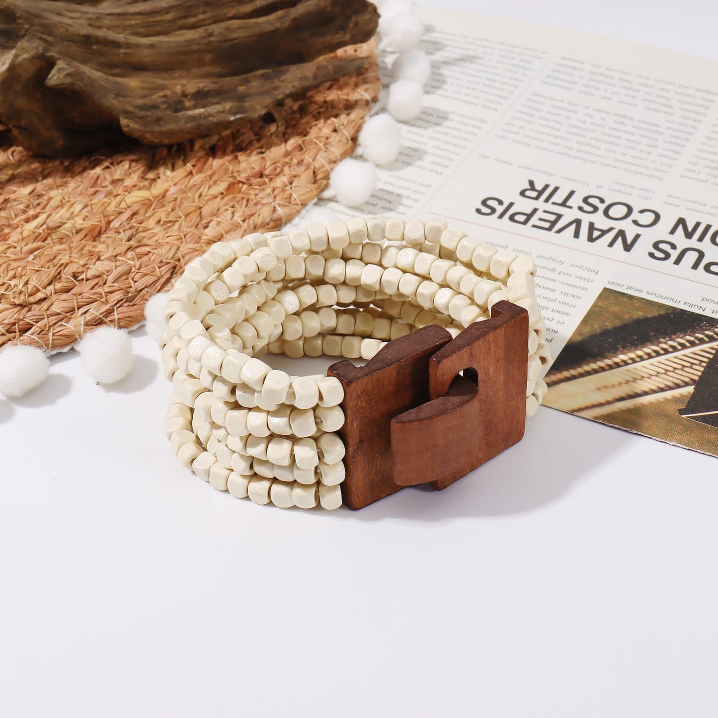 Coiris Boho Bangle Bracelets for Women Wooden Beaded Bracelets Chunky Bohemian Beach Bracelets Jewelry for Women(BR1235-White)