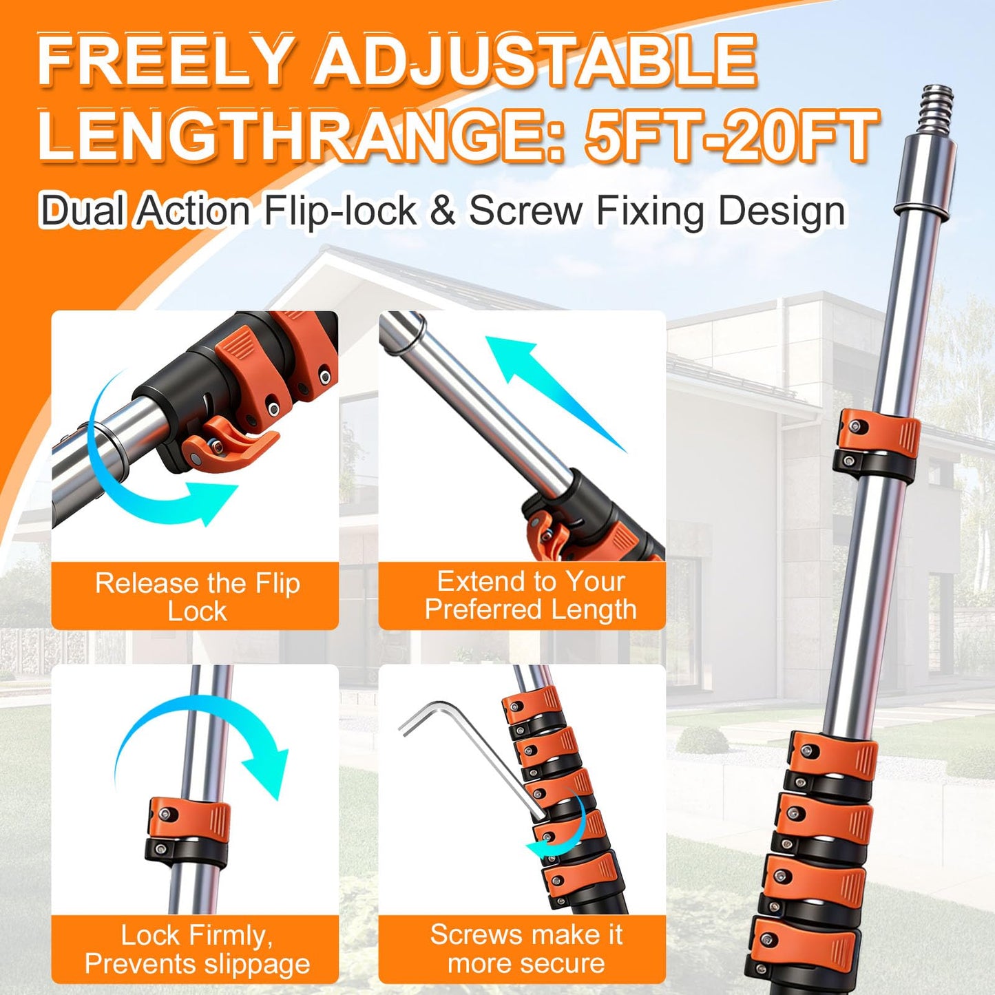 TONYINGO 26FT High Reach Duster Kit with 5-20FT Flip-Lock & Screw Dual Locking Extension Pole, Cobweb Duster, Washable Ceiling Fan Cleaner & Window Squeegee for Glass & High Roof