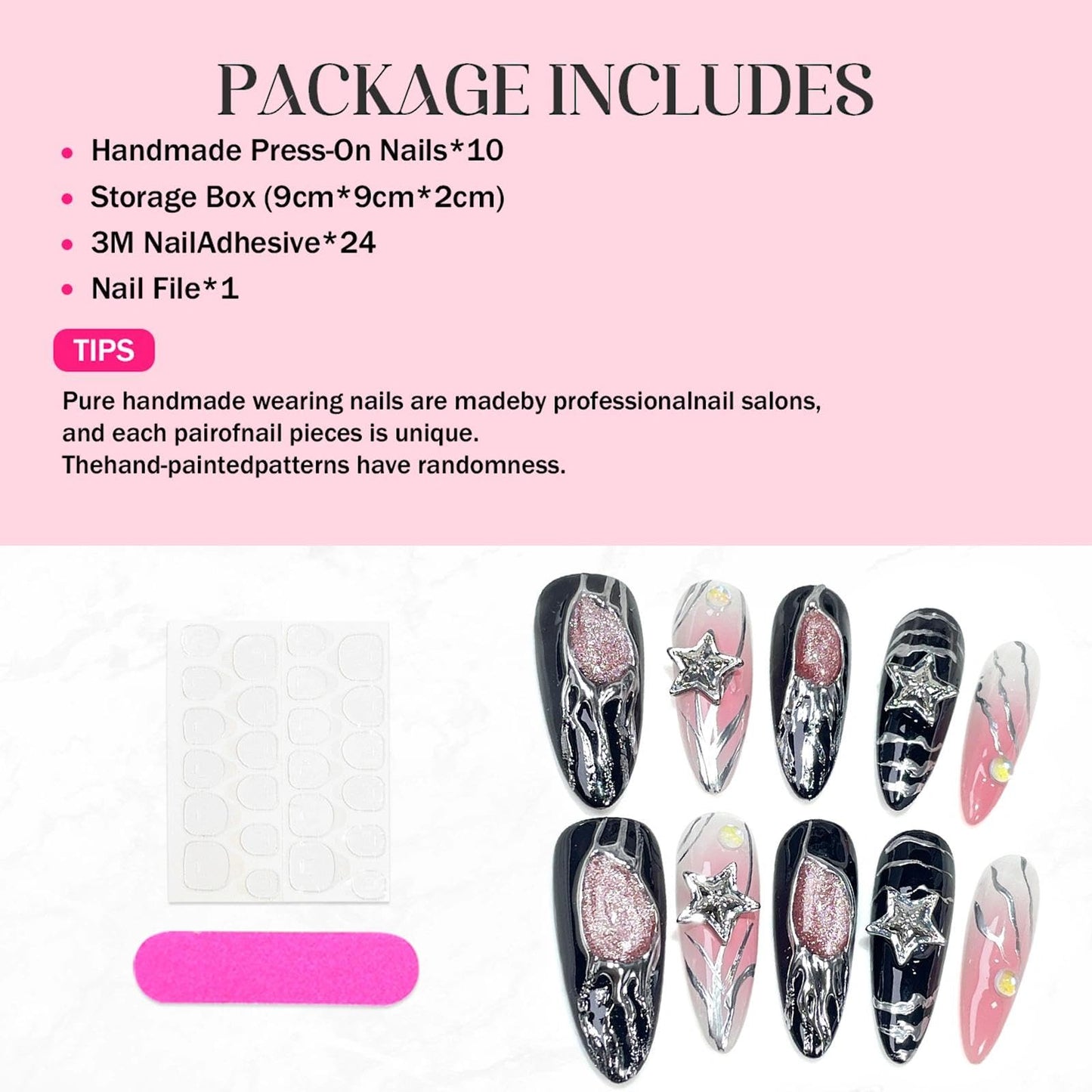 Handmade 3D Sweet Edgy Star Black Pink Stiletto Press On Nails, Metallic Stream Glitter Artisan Nails Set, Reusable Glossy Press-ons with Tool Kit(S)