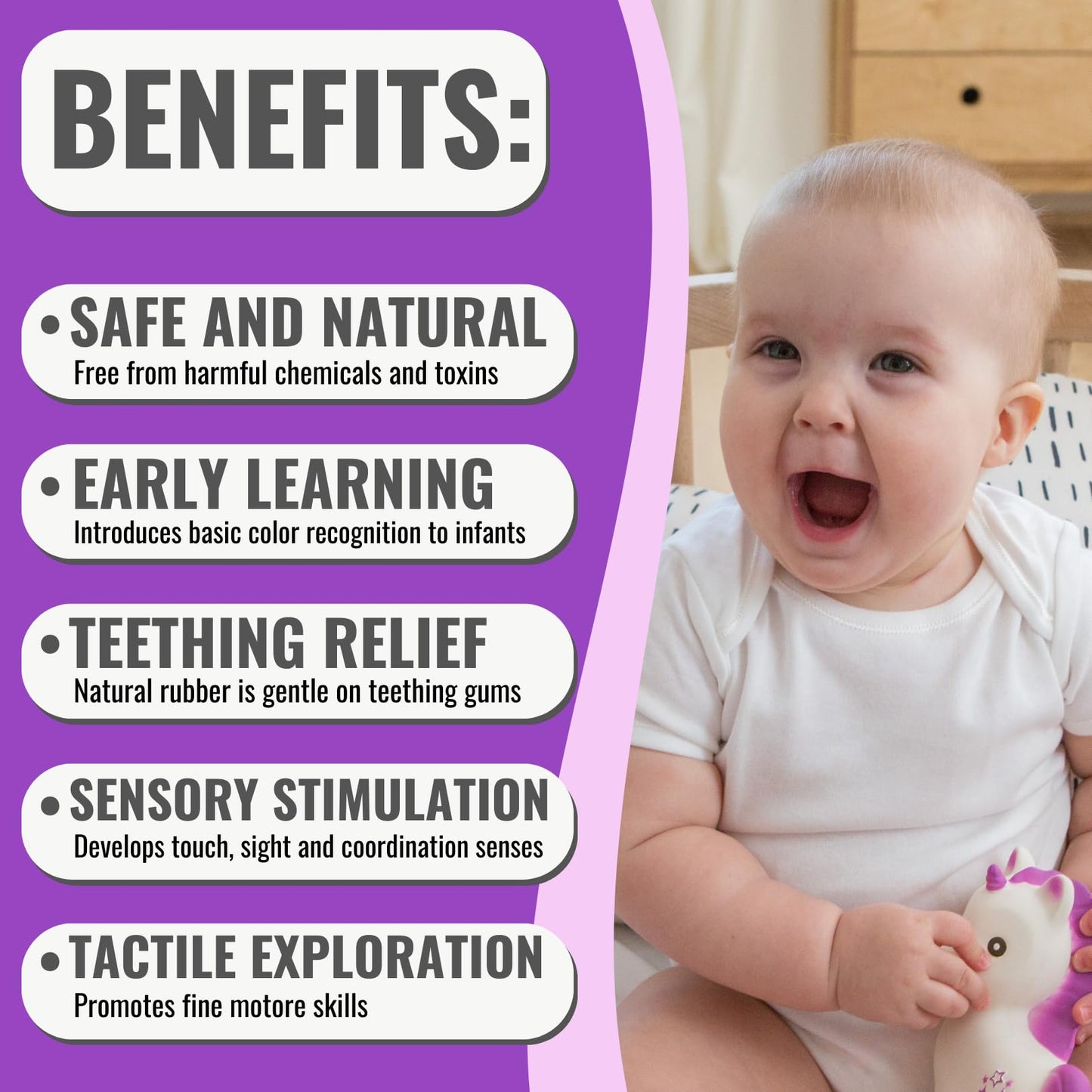 CaaOcho Pure Natural Rubber Teething Baby Toy - Mira The Unicorn Teether for Babies, BPA Free Baby Toy, All Natural Teething Toys for Babies 0-6, Safe and Fun Molar Teether Toy