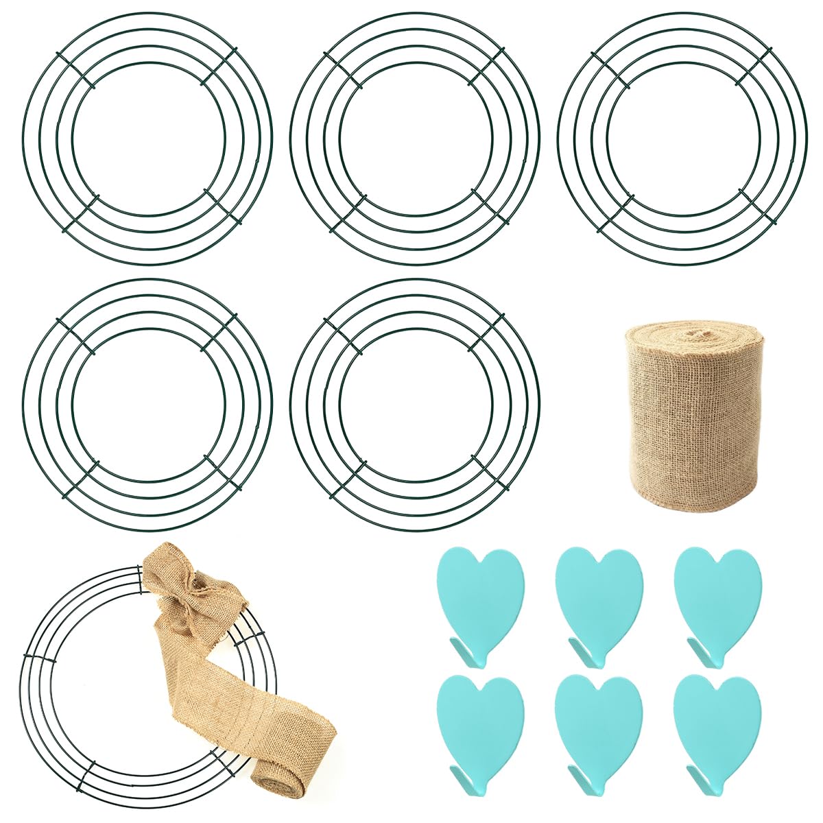 UltraOutlet 6 Pack 14 Inch Metal Wreath Frame Wreath Ring for Crafts with 6 Adhesive Hooks and 3.3 Yard Burlap, Front Door Christmas New Year Valentines Wedding Decoration