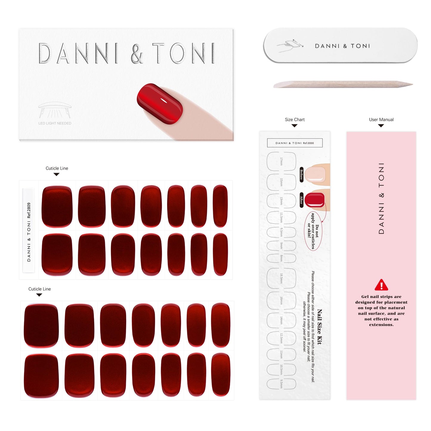 DANNI & TONI Semi Cured Gel Nail Strips Red Chrome Metallic Mirror Gel Nail Stickers 28 Stickers Gift for Woman |Ruby Chrome