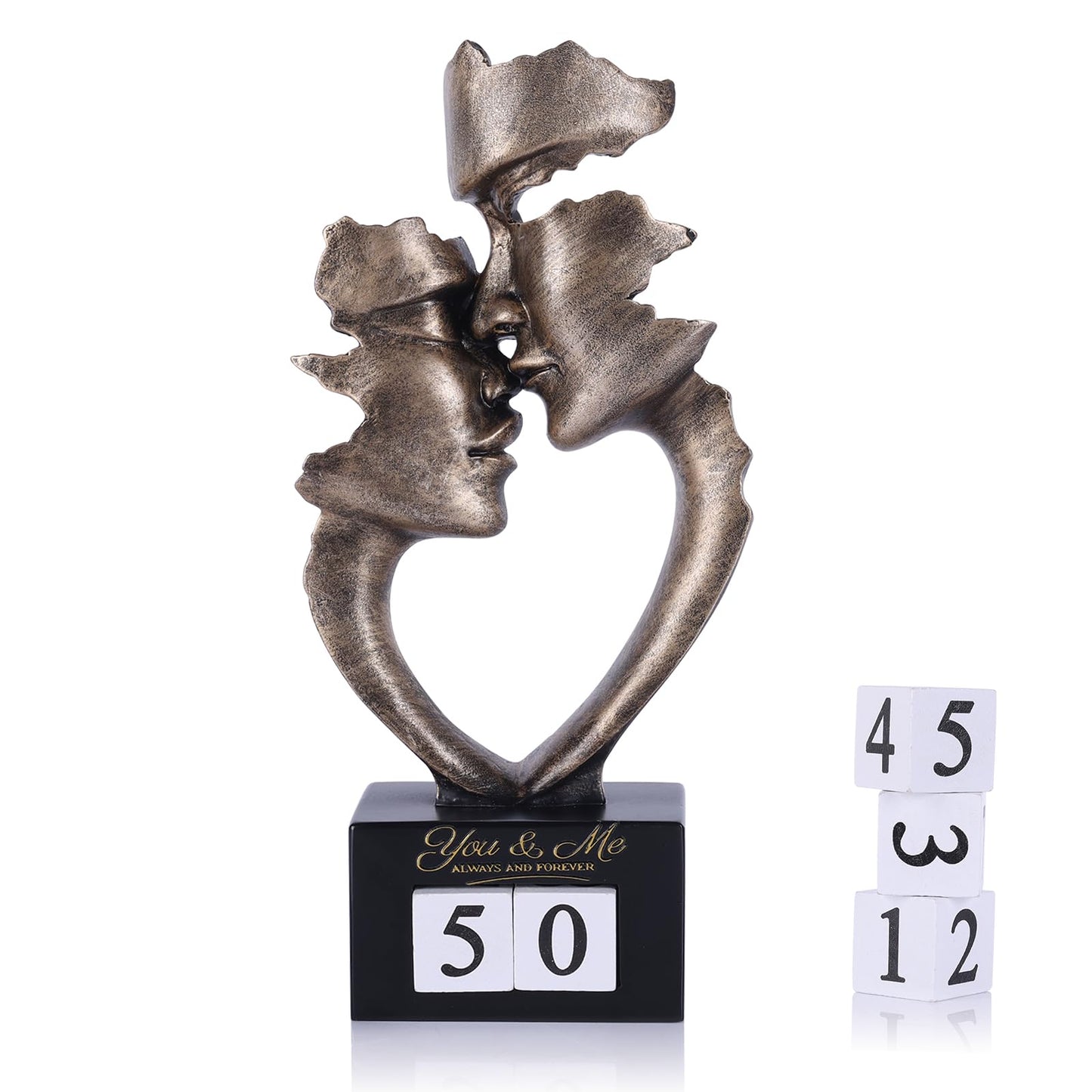 9.84in H Resin Couple Statue with Interchangeable Number Blocks, Antique Bronze Finish Modern Abstract Romantic Couple Figurine for 1st to 50th Wedding, Shelf Bookshelf Bedroom Decor