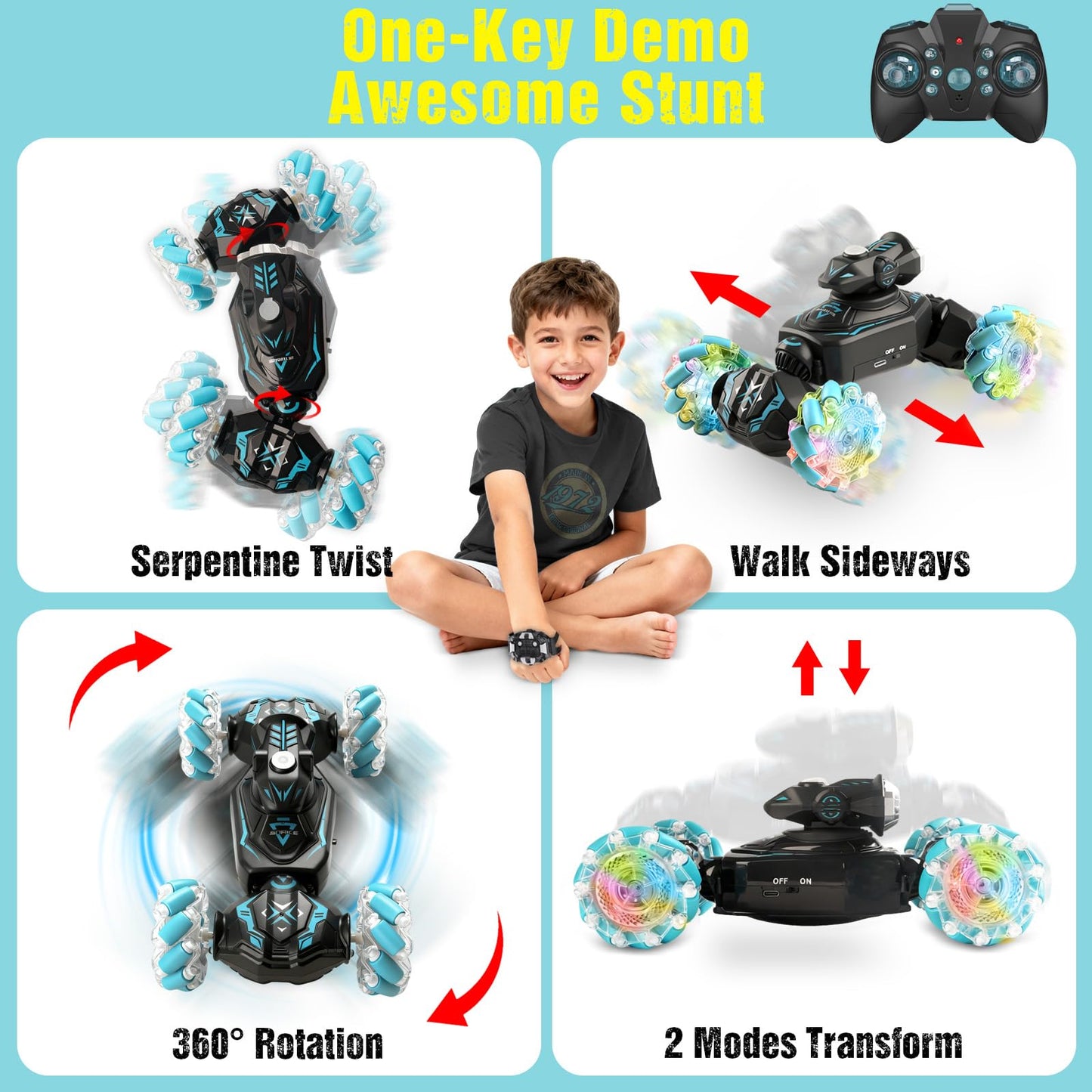 FDCTR Gesture Sensing Remote Control Car, RC Cars Toys for Boys Age 6-12, 4WD Hand Controlled Twist & Transform 360° Spins Stunt Car with Mist, Light & Music, 8-10 Year Old Boys Birthday Gift Blue