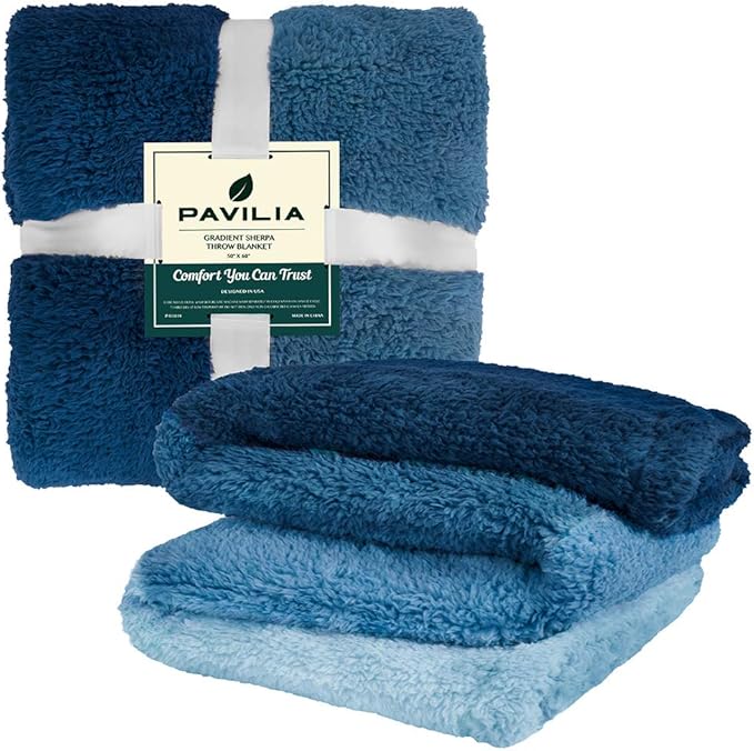 PAVILIA Fluffy Sherpa Throw Blanket Ombre | Gradient Plush, Soft, Fuzzy, Decorative Accent Throw Blanket for Couch Sofa Bed | Cozy Warm Decorative Furry Faux Fur Blanket, 50x60 Inches Sea Blue