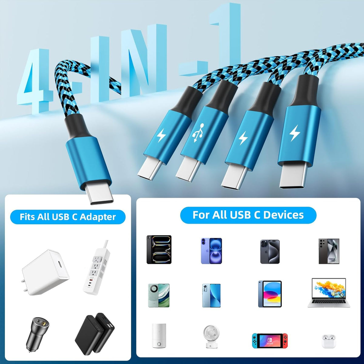 USB C Splitter Multi Charging Cable for Multiple Devices, Fast Charging 4 in 1 Charging Cord, Braided USB C Phone Charger Cable with 4 Type-C Connectors for iPhone 16 15 Pro Samsung S24 S23