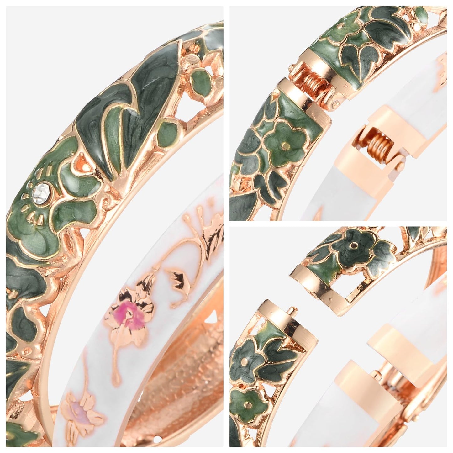UJOY Vintage Jewelry Cloisonne Handcrafted Butterfly Enameled Gorgeous Rhinestone Hinged Cuff Bracelet Bangles Gifts 88A08-55A81 Green White