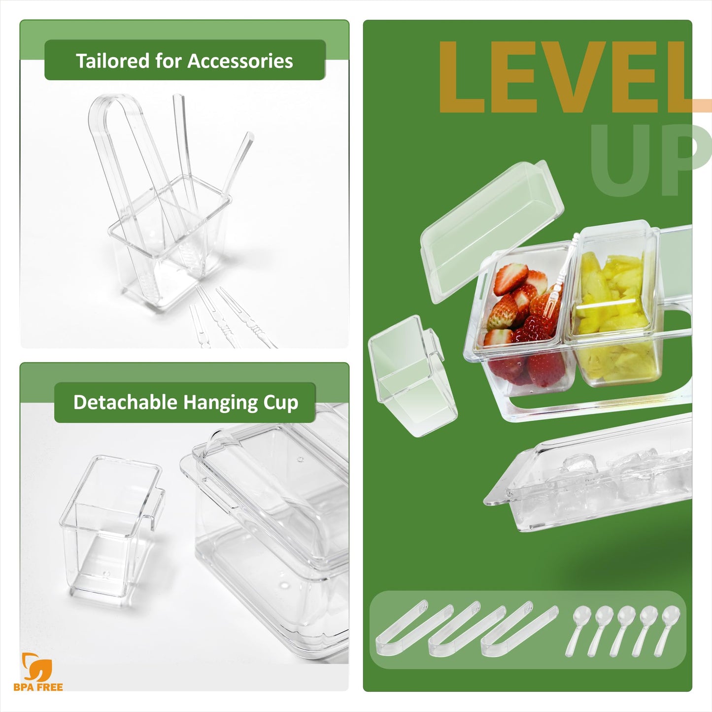 IVYHOME Chilled Condiment Server, Taco Bar Serving Set, Versatile Ice Containers, with 5 Lidded Containers and Detachable Ice Storage Layer, 2 Hanging Cups for Storing Tong and Forks