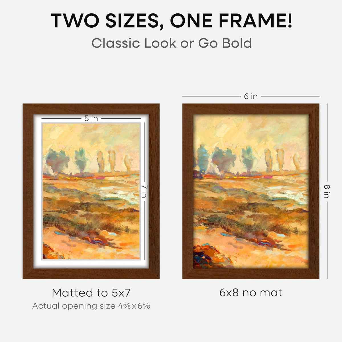 Homeforia 6x8 Picture Frame Brown Wood, High End Dark Oak 6x8 Walnut Wooden Frames with Mat 5x7 Photo, 6 x 8 Frame Matted to 5 x 7 Print, 8x6 Wall or Tabletop Frame, Tempered Glass, Wall Kit, Set of 1