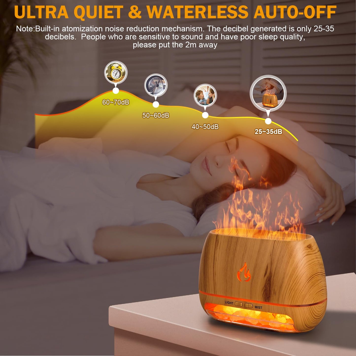 3-in-1 Ultrasonic Essential Oil Diffuser & Himalayan Salt Lamp Diffuser & 7 Colors Changing Oil Diffuser,100% Pure Himalayan Pink Salt Rock, Waterless Auto off-200ml (Wooden Grain)