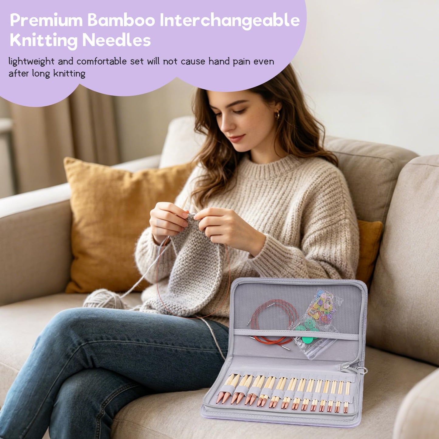 Hobekoee Bamboo Interchangeable Circular Knitting Needles Set 13 Pairs Interchangeable Knitting Needles 3.0mm~10.0mm