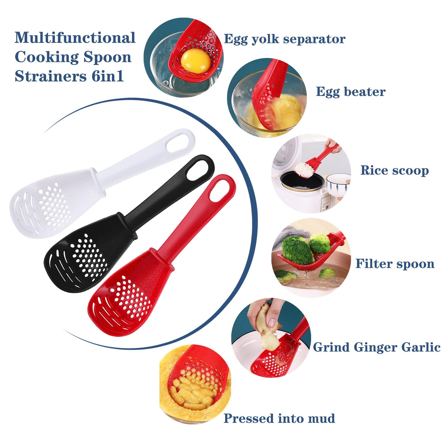 3 Pack Multifunctional Kitchen Cooking Spoon, Muulaii 6 in1 Kitchen Gadgets Strainers for Egg Yolk Separator- Grater Masher- Colander Skimmer Scoop