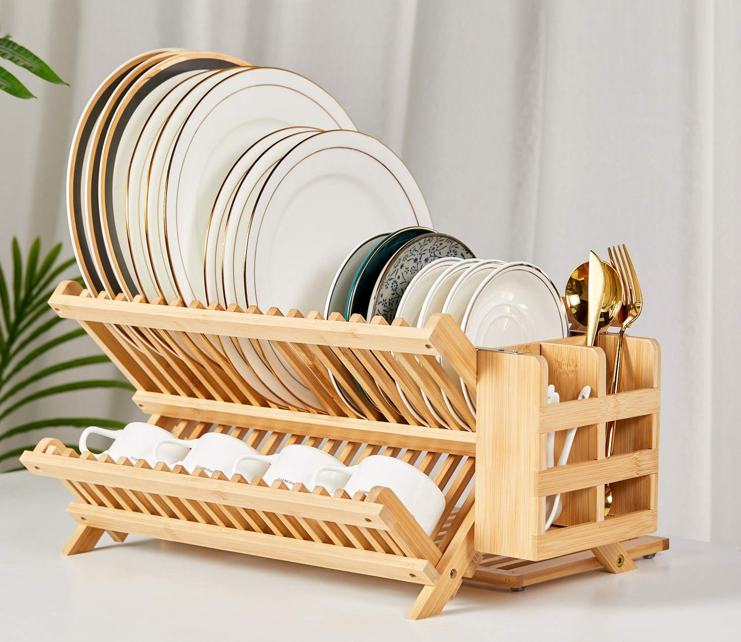NOVAYEAH Bamboo Dish Drying Rack with Utensil Holder, Collapsible Wooden Dish Drainer Rack, 3-Tier Large Folding Drying Holder for Kitchen Counter 51 pcs Grid