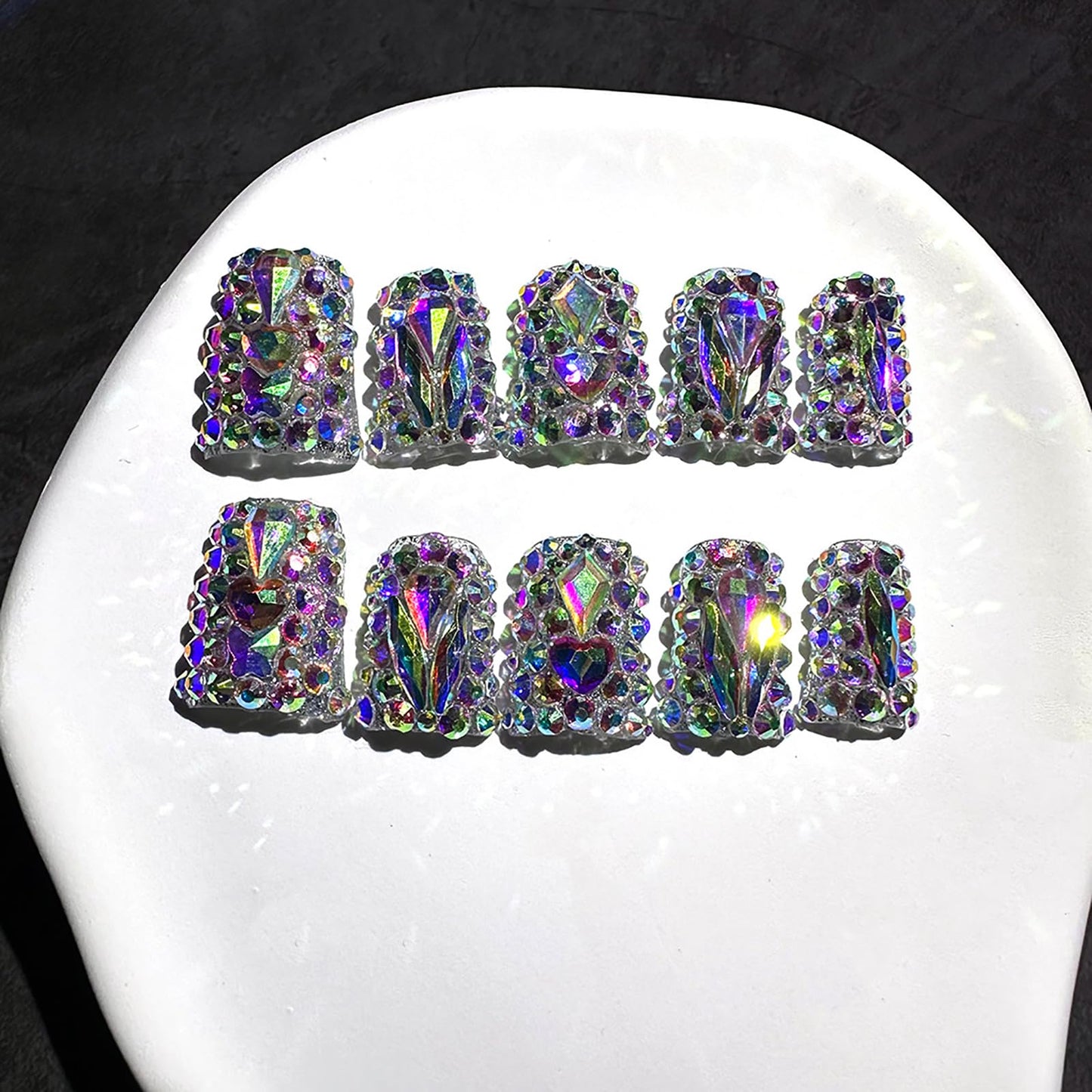 10Pcs Handmade Rhinestone Press on Nails Short Duck Fake Nails with Rhinestone Design Full Cover False Nails Short Hand Made Press on Nails Reusable Stick on Nail Artificial Glue on Nail for Women (S)