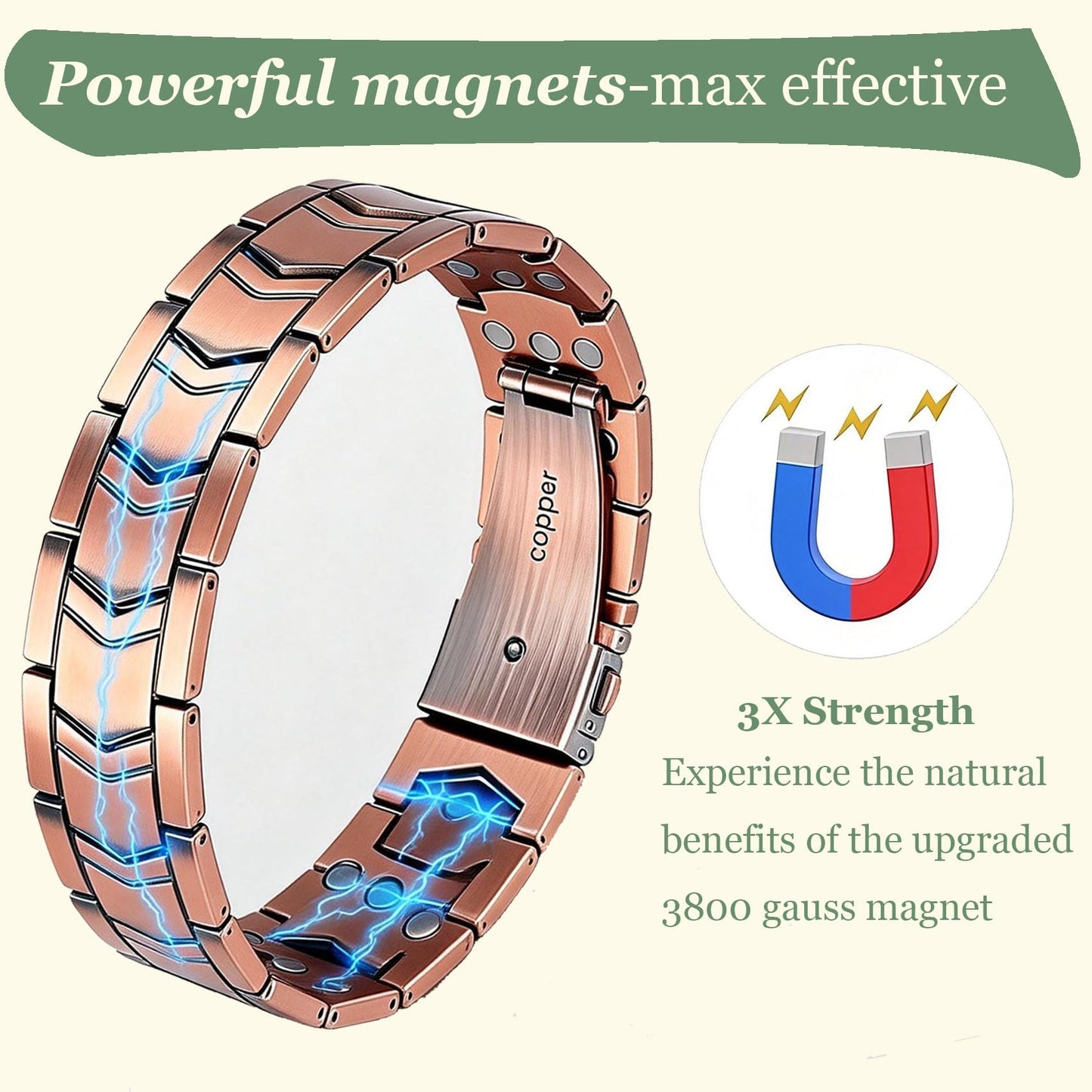 Krilicy 99% Pure Copper Bracelet for Men with 3X Ultra Strength Magnet Bracelet,Adjustable Length with Sizing Tool