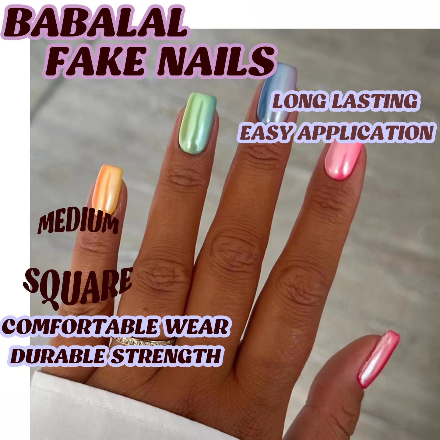 BABALAL Medium Press On Aurora Glue On Nails - 24Pcs Rainbow Design Full Cover Acrylic Squoval False Nails
