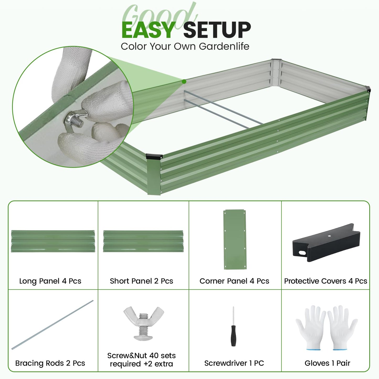 G GOOD GAIN 8x4x1ft Galvanized Raised Garden Bed, Heavy-Duty Metal Planter Boxes Outdoor for Vegetables Flowers Herbs, Olive Green(2 Pack)