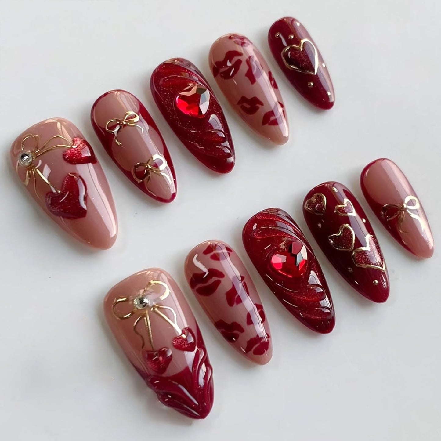 30Pcs Red Heart Press on Nails Medium Almond Fake Nails Gold Bow with Pearl Design Red Lips False Nails Romantic Artificial Nails Full Cover Glue on Nails Handmade Stick on Nails for Women DIY Kit