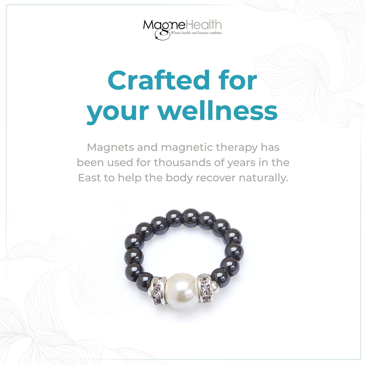 MAGNEHEALTH - Black - XS 5-6 - Magnetic Hematite Stretch Ring with Large White Magnet Bead, Unisex Ring, Absorbs Negative Energy, Wellness & Balance Jewelry