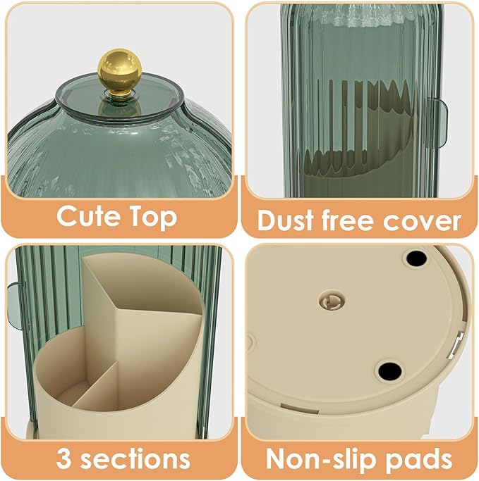 Makeup Brush Holder with Lid 360 Rotating Clear Dustproof Make Up Organizers for Vanity Bathroom Countertop, Green Beige