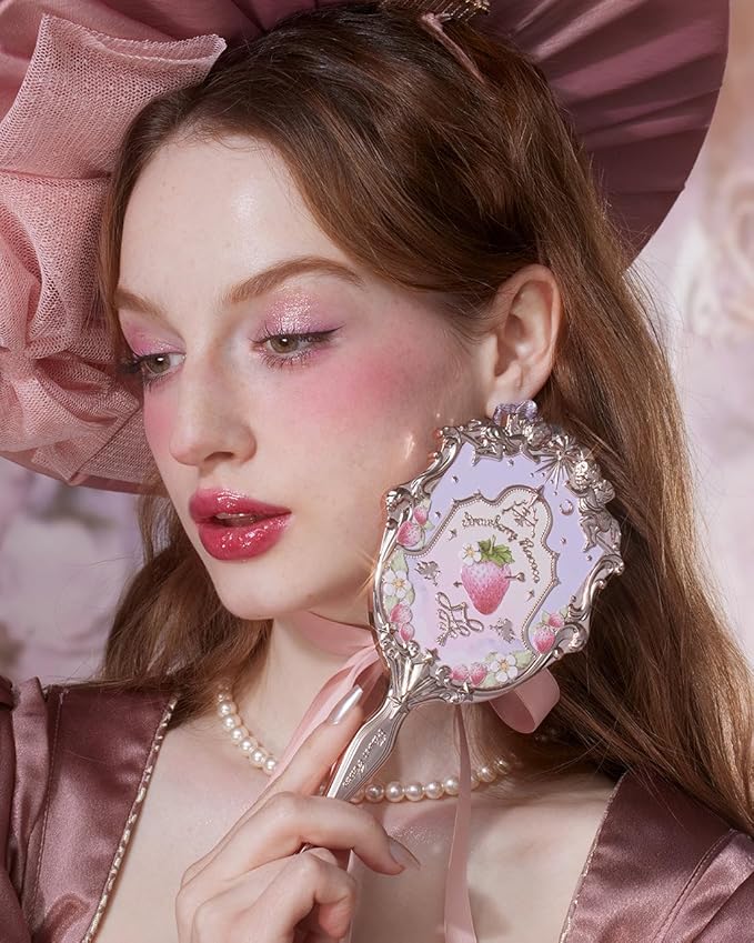 Flower Knows Violet Strawberry Rococo Hand Mirror,Vintage Portable Handheld Mirror,Fancy & Pretty Princess Mirror with Long Handle,Gift for Girls(Wisteria Purple)