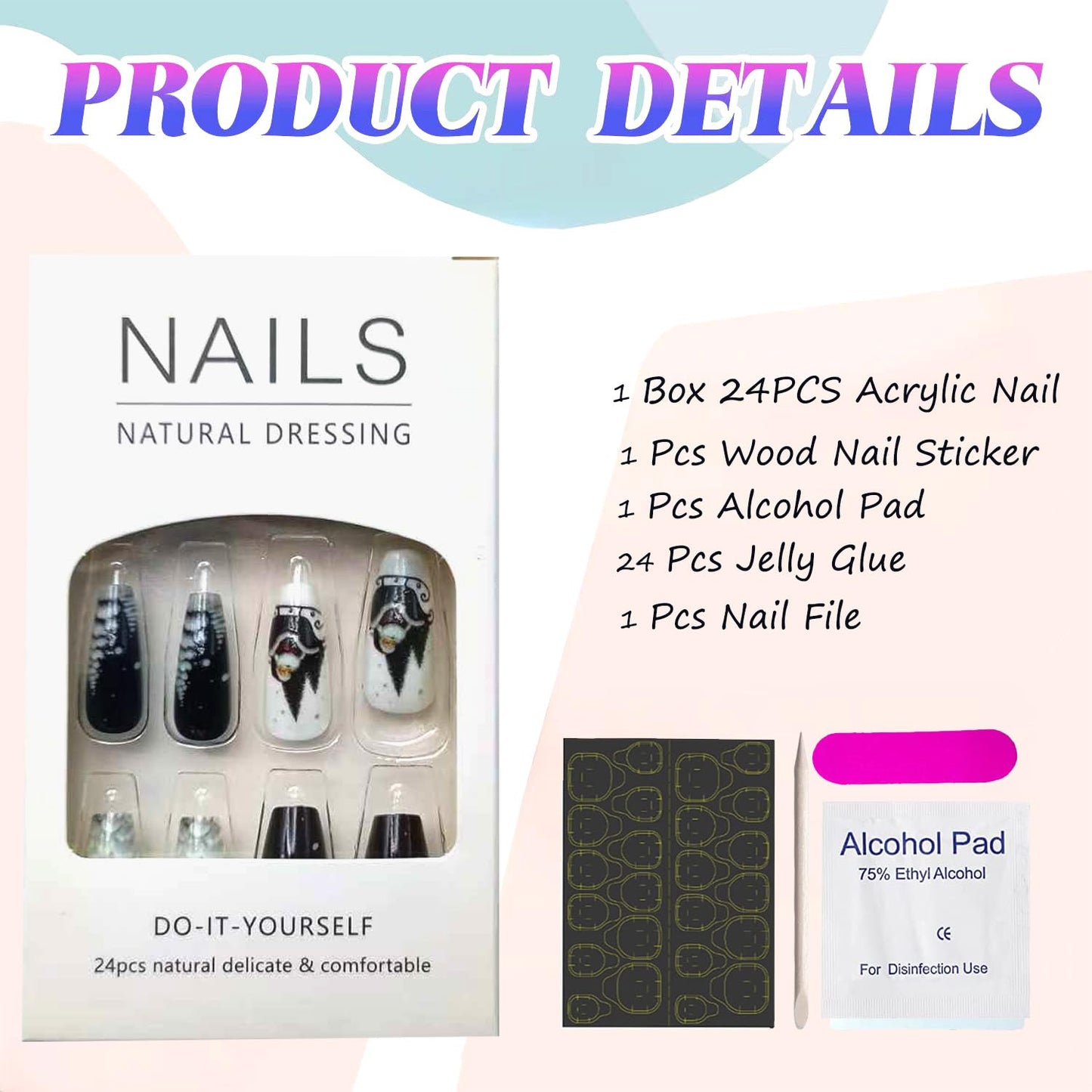 24 Christmas Press on Nails: Medium Coffin Glossy Acrylic False Nails with Santa Claus, Reindeer & Snowflake Designs - Black Press on Nails for Women & Girls