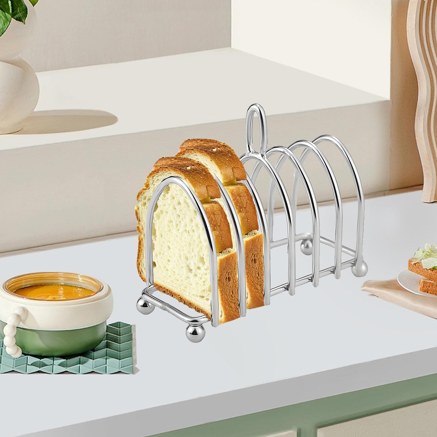 Tomotato Toast Rack Holder, 6 Slice Stainless Steel Bread Holder with Ergonomic Loop Handle and Ball Feet, Vintage Breakfast Carry Stand for Kitchen, Breakfast, Bakery Buffet Restaurant Serving