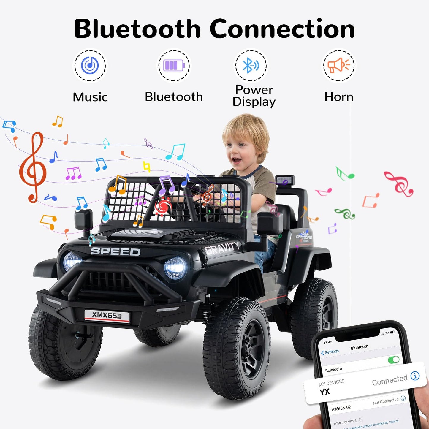 OLAKIDS 24V Ride on Car with Remote Control, Bluetooth, LED Lights, Horn, Spring Suspension, High/Low Speeds, Soft Start for Kids Aged 3+ (Black)
