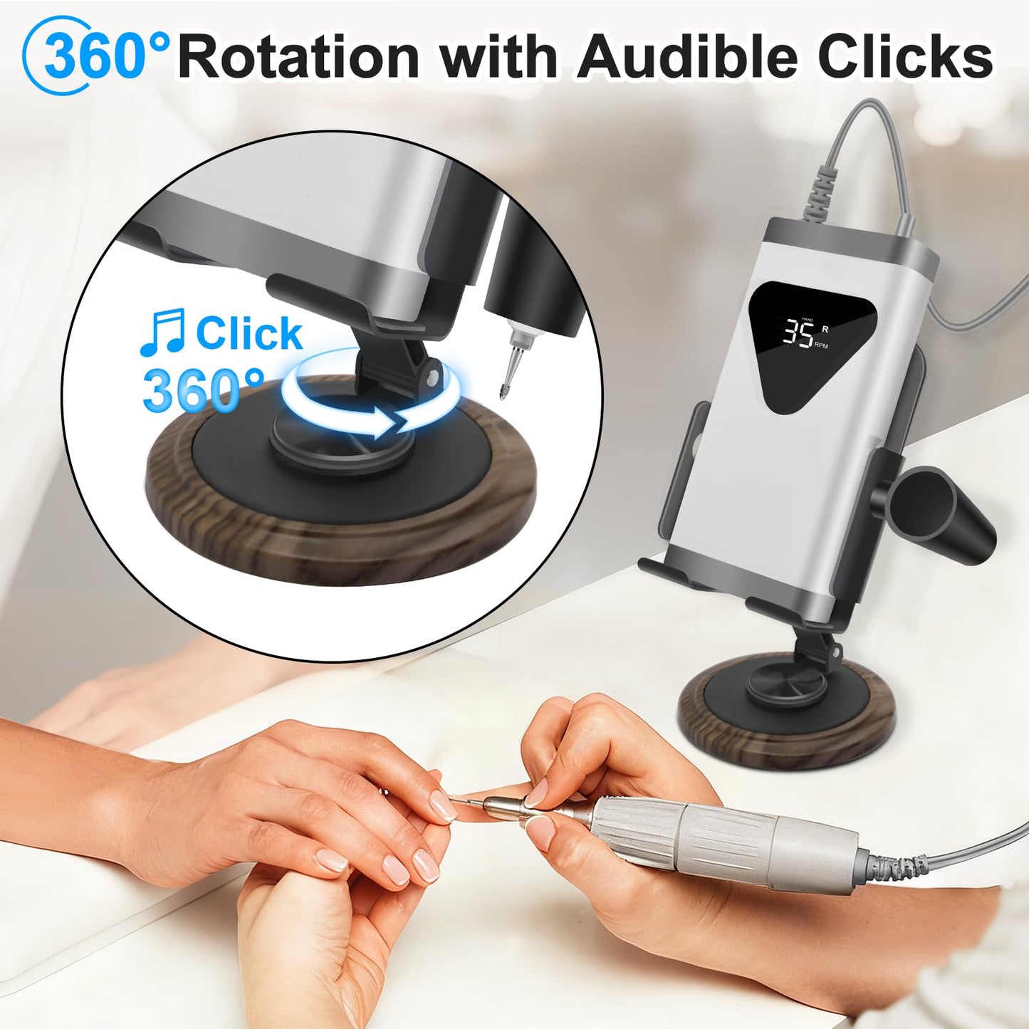 Diesisa Nail Drill Machine Holder - Nail Drill Holder Stand - 360° Rotatable - With Pen Holder - Portable Acrylic Nail Tools - Professional Manicure Tool Organizer for Nail Salon & Home Use - Brown