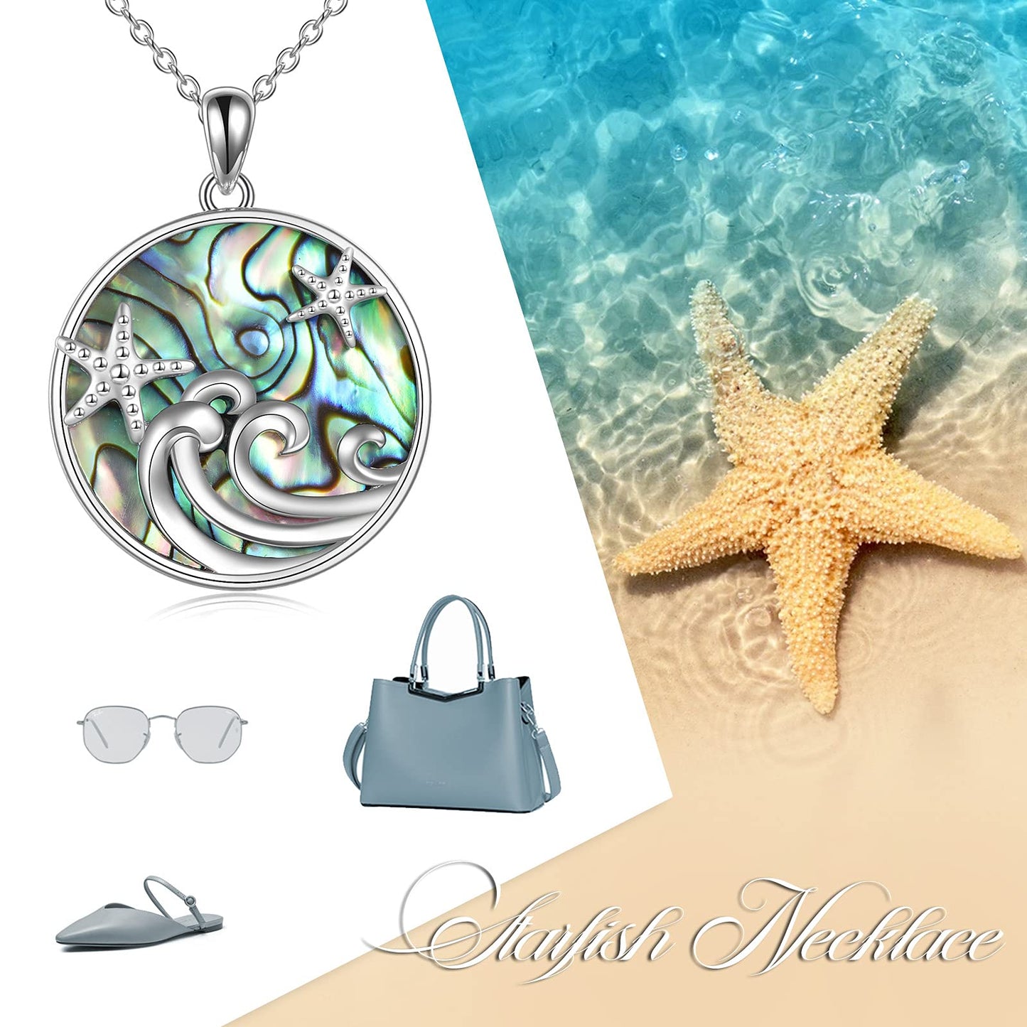 CRMAD Ocean Beach ocean Jewelry for Women Sterling Silver Starfish Wave Ocean Necklace Gifts (abalone)
