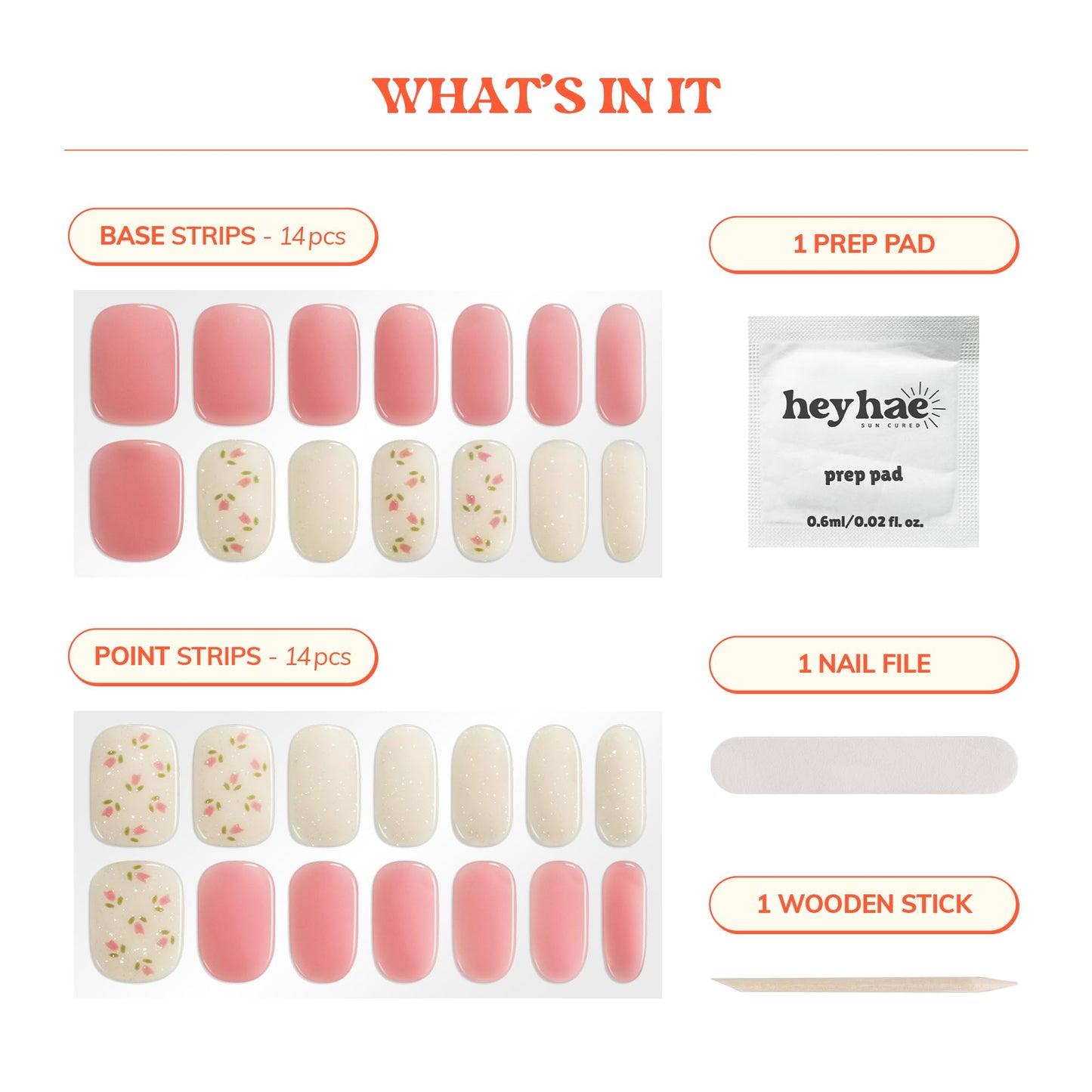 Heyhae Semi Cured Gel Nail Strips | No LED Lamp Needed | Easy Apply & Remove, Salon Quality | Includes 28 Strips, 1 Prep Pads, Nail File & Wooden stick - Hey, Love Me, Love Me Not